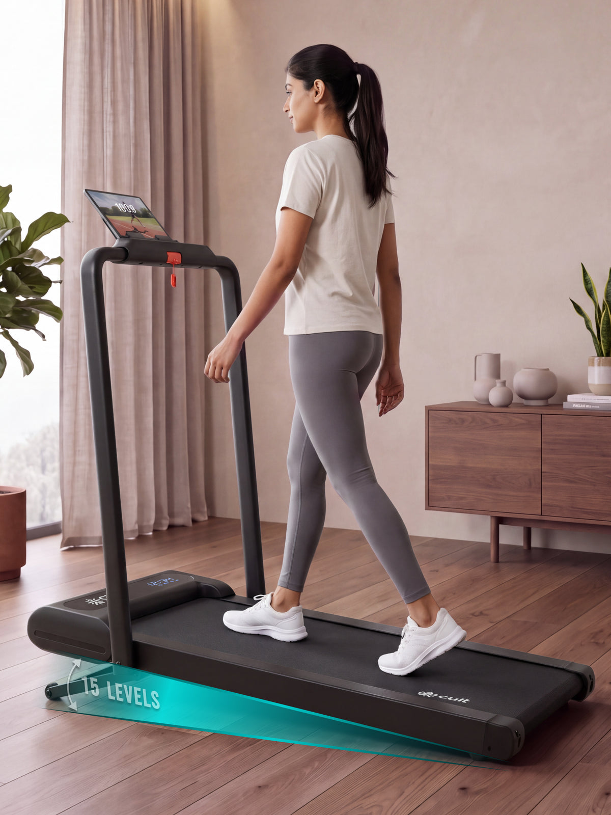 Cult Elevate Walking Pad with 5 HP BLDC Motor, 12 km/hr Speed, Auto Incline up to 15 Levels, 130 kg User Weight Capacity, LED Display, Tablet Holder & Wheels