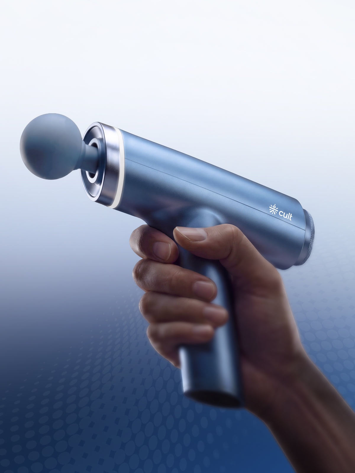 Cult Kinetic Massage Gun for Muscle Recovery, Full Body Massager, BLDC Motor, Ergonomic Angular Handle, 4 Silicone Heads, 5-Hour Battery, Blue