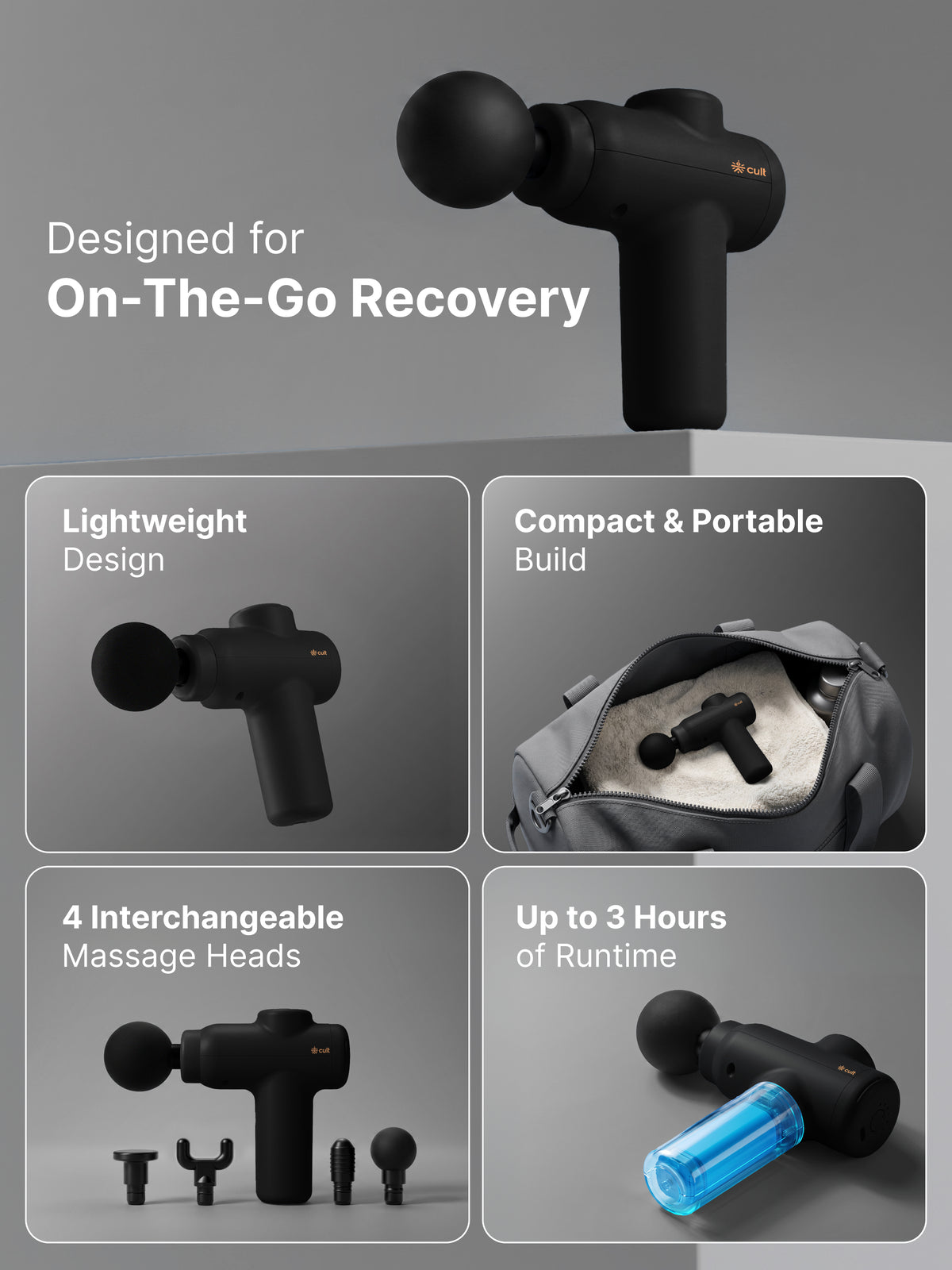 Cult Flex Pro Massage Gun for Pain Relief, Full Body Massager, Lightweight & Compact, 4 Interchangeable Heads, 3-Hour Long Battery Life