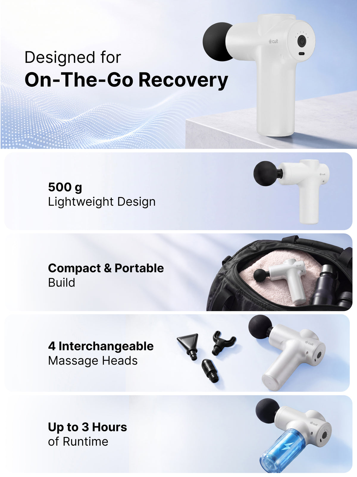 Cult Nova Portable Deep Tissue Massage Gun for Full-Body Muscle Relief, Ultra-Lightweight Handheld Design, 6 Speed Levels, Up to 3-Hour Battery Life, 4 Interchangeable Heads, Deep Tissue Massager for Arms, Shoulders, Legs & Everyday Recovery