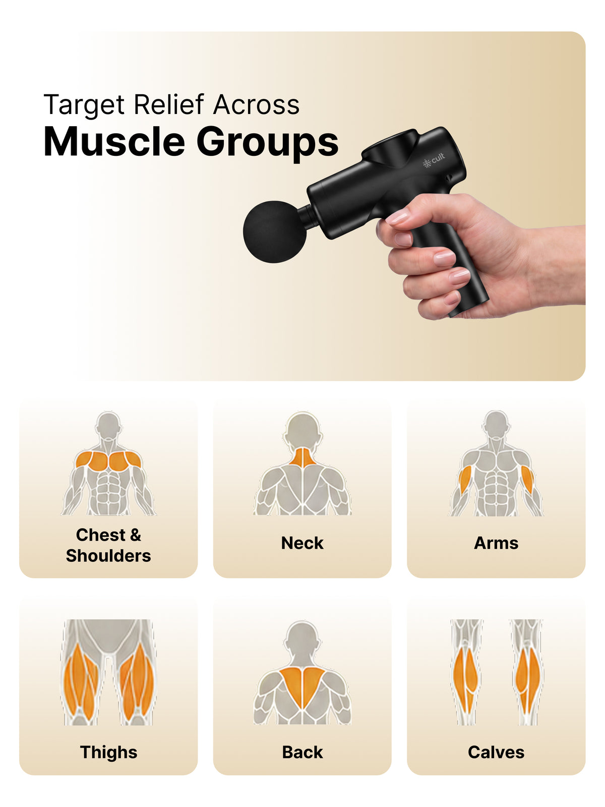 Cult Flex Portable Deep Tissue Massage Gun for Full-Body Muscle Relief, Ultra-Lightweight Handheld Design, 6 Speed Levels, Up to 3-Hour Battery Life, 4 Interchangeable Heads, Deep Tissue Massager for Arms, Shoulders, Legs & Everyday Recovery