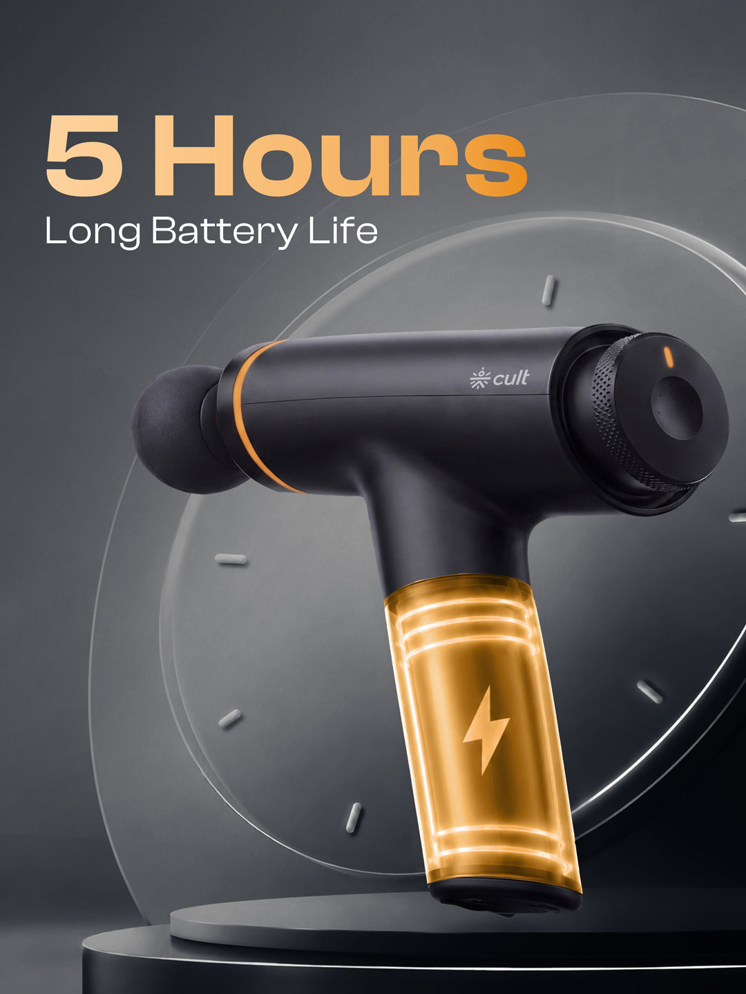 Cult Kinetic Massage Gun for Muscle Recovery, Full Body Massager, BLDC Motor, Ergonomic Angular Handle, 4 Silicone Heads, 5-Hour Battery, Black