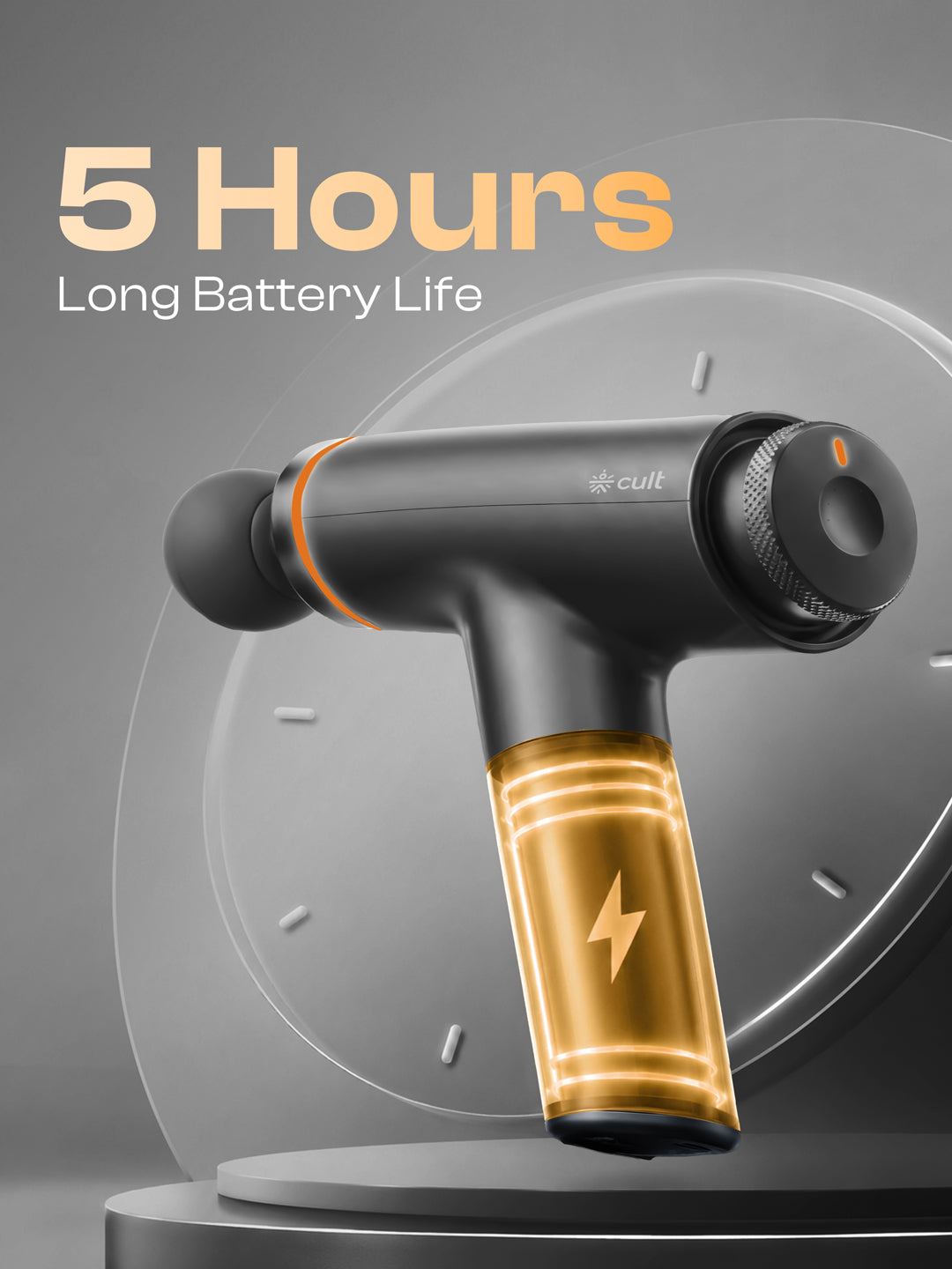 Cult Kinetic Massage Gun for Muscle Recovery, Full Body Massager, BLDC Motor, Ergonomic Angular Handle, 4 Silicone Heads, 5-Hour Battery, Titanium