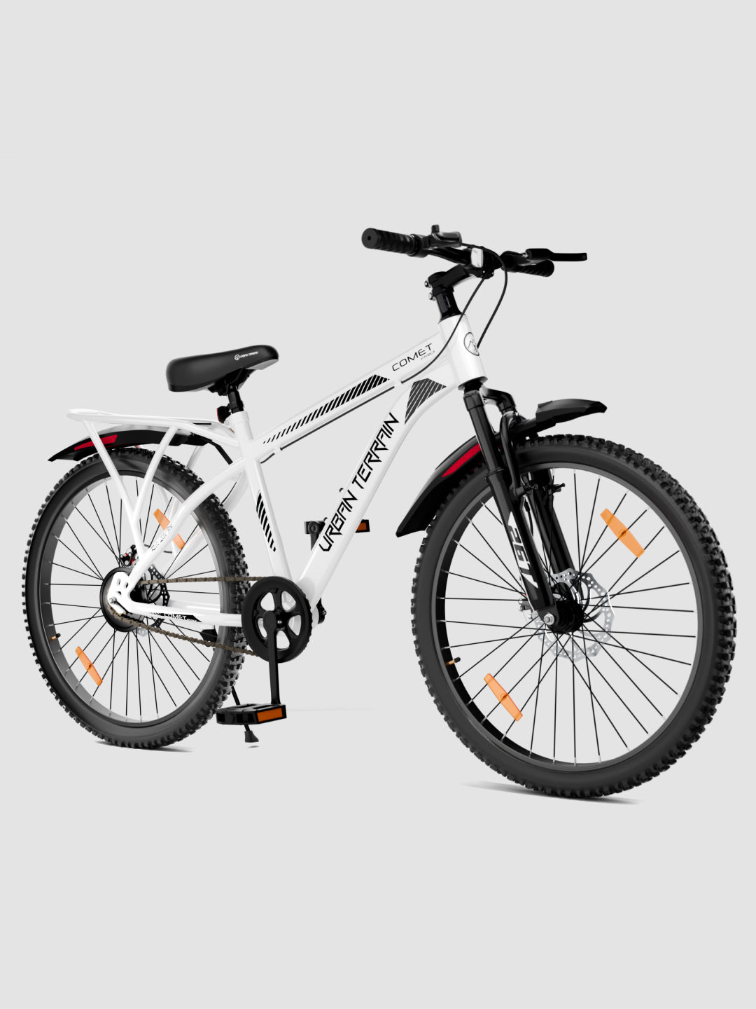 Urban Terrain Comet Pro 26T Single Speed Steel Mountain Bike with Front Suspension & Dual Disc Brakes (White)