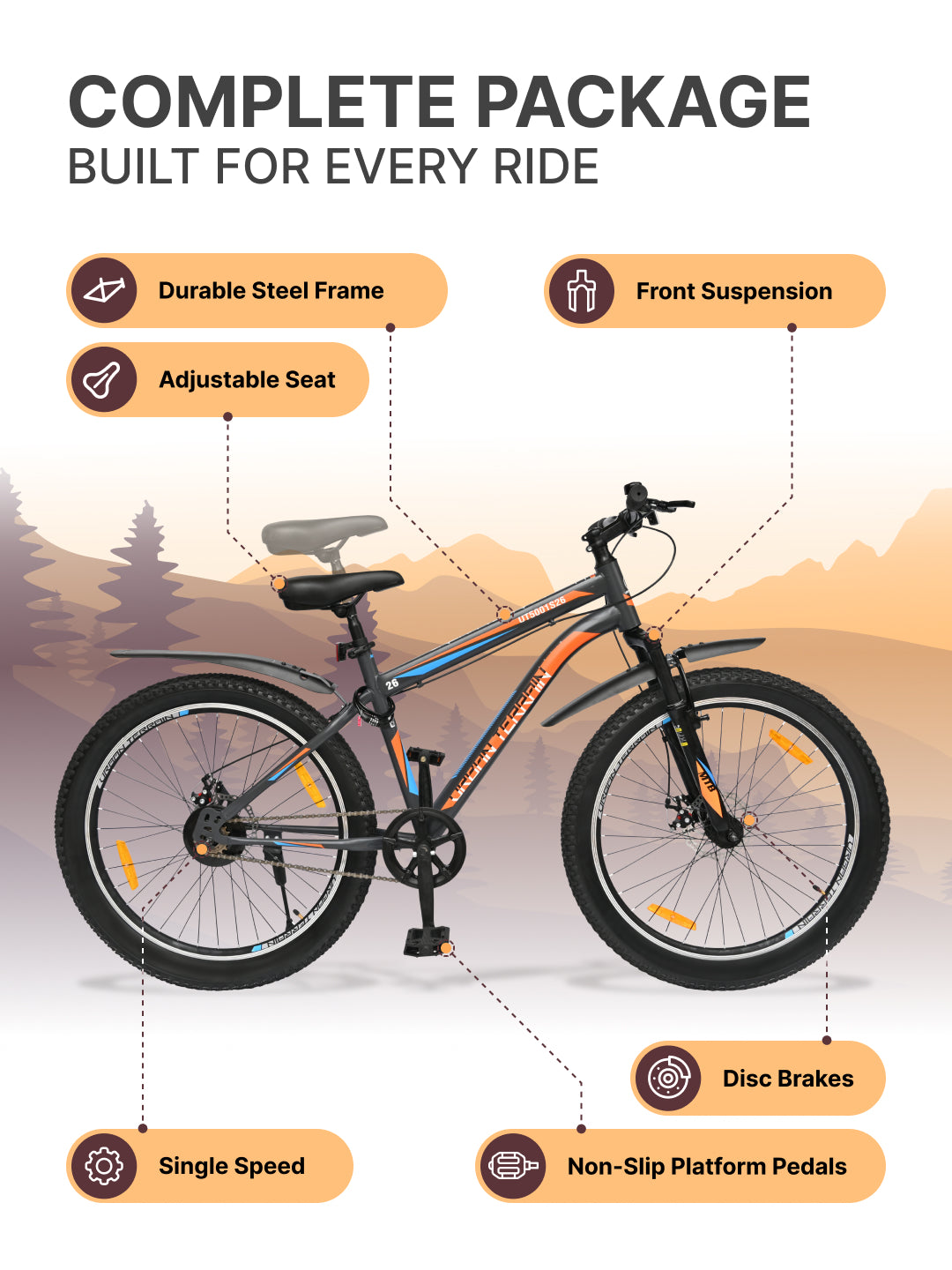 UT5001S26ACC Mountain Cycle Steel Single Speed 26 inch with Dual Disc Brakes, Front Suspension, Double Wall Alloy Rim, Bell & Lock, Black, Free Trainer Sessions, Cycling Event