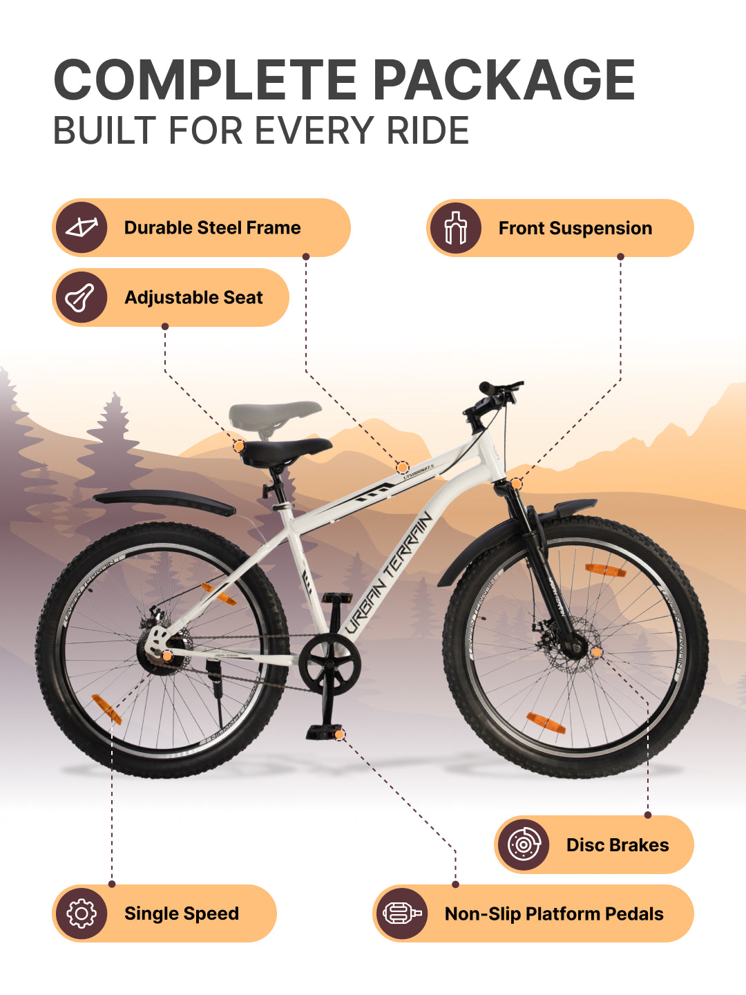 UT5000S27.5 Mountain Cycle Steel Single Speed Cycle 27.5 inch, Dual Disc Brakes, Front Suspension, Double Wall Alloy Rim, White