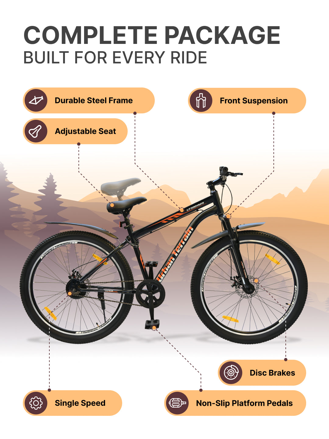 UT5001S29ACC Mountain Cycle Steel Single Speed 29 inch with Dual Disc Brakes, Front Suspension, Double Wall Alloy Rim, Bell & Lock, Black