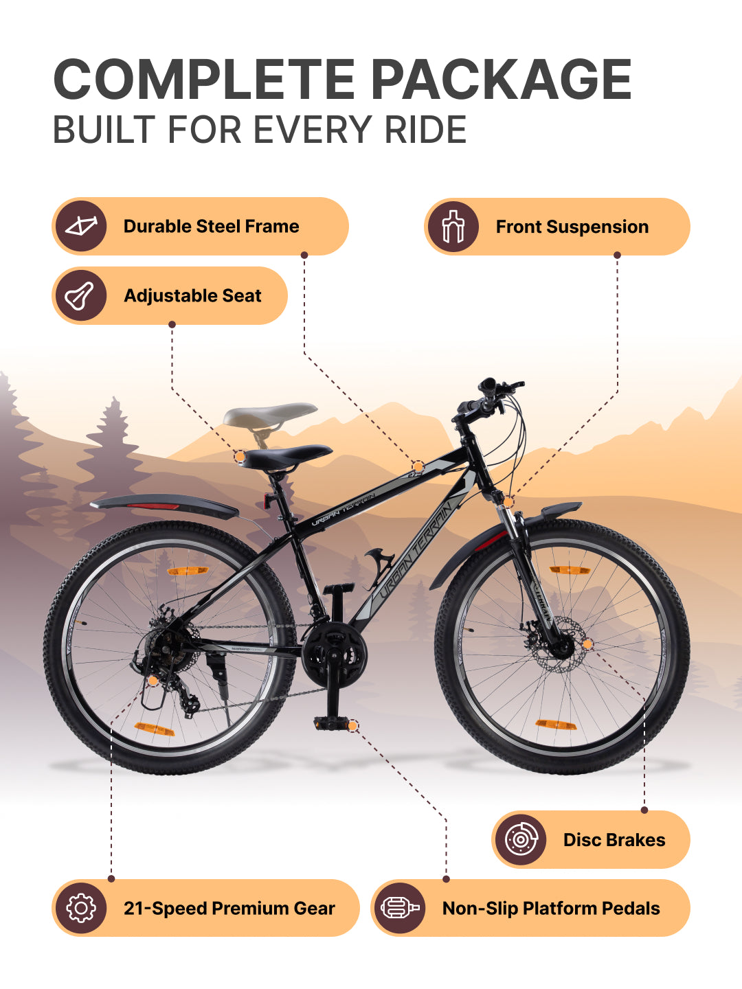 UT1000 Mountain Bike Steel 21 Speed Cycle Shimano Gear 27.5 inch Tyre, Black With Front Suspension, Double Wall Rim and Dual Disc Brakes Ideal For 5.2 ft to 6 ft