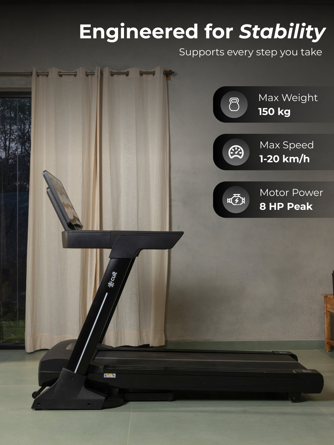 Cult SmartStrideElite Brushless BLDC-AC Motor (8HP Peak) Treadmill | Max Weight: 150kg | 20 Level Auto Incline (with 6 months extended warranty)