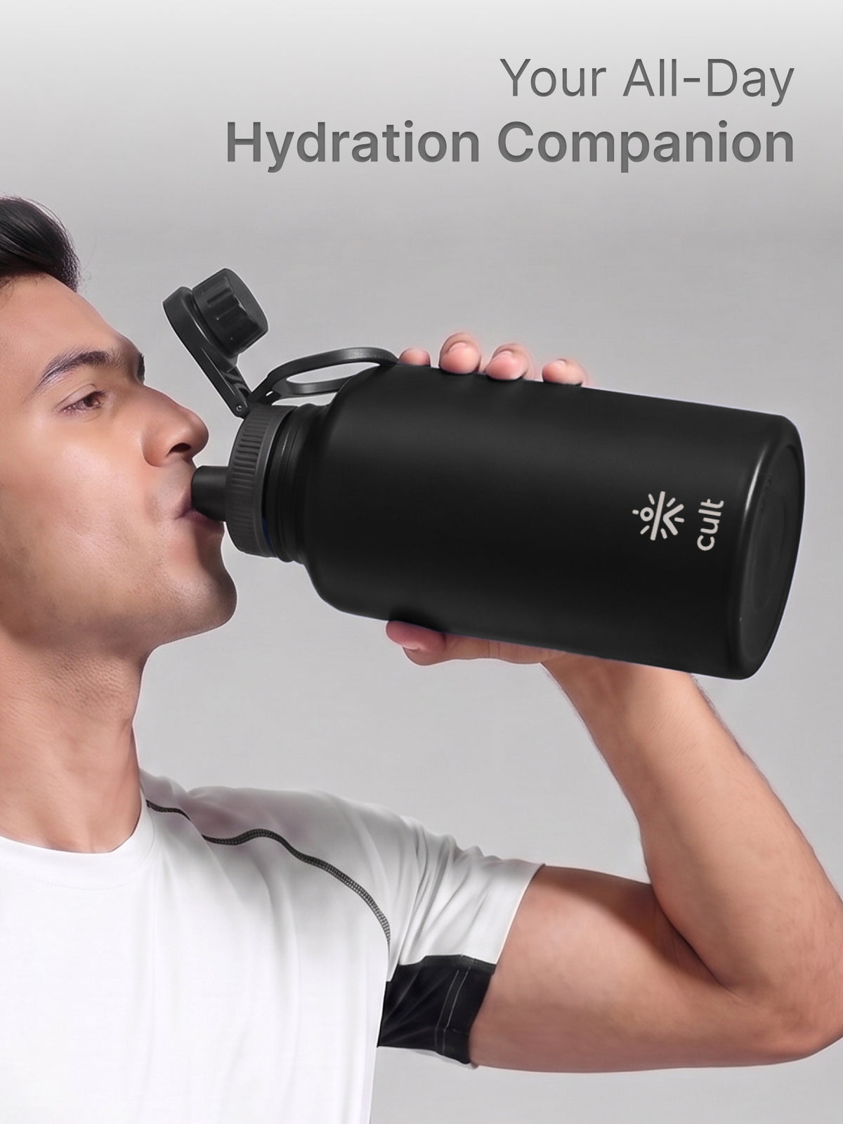 CULT 2 Litre Stainless Steel Water Bottle – 2000ml Leakproof Gym Hydration Jug with Sports Cap - Black