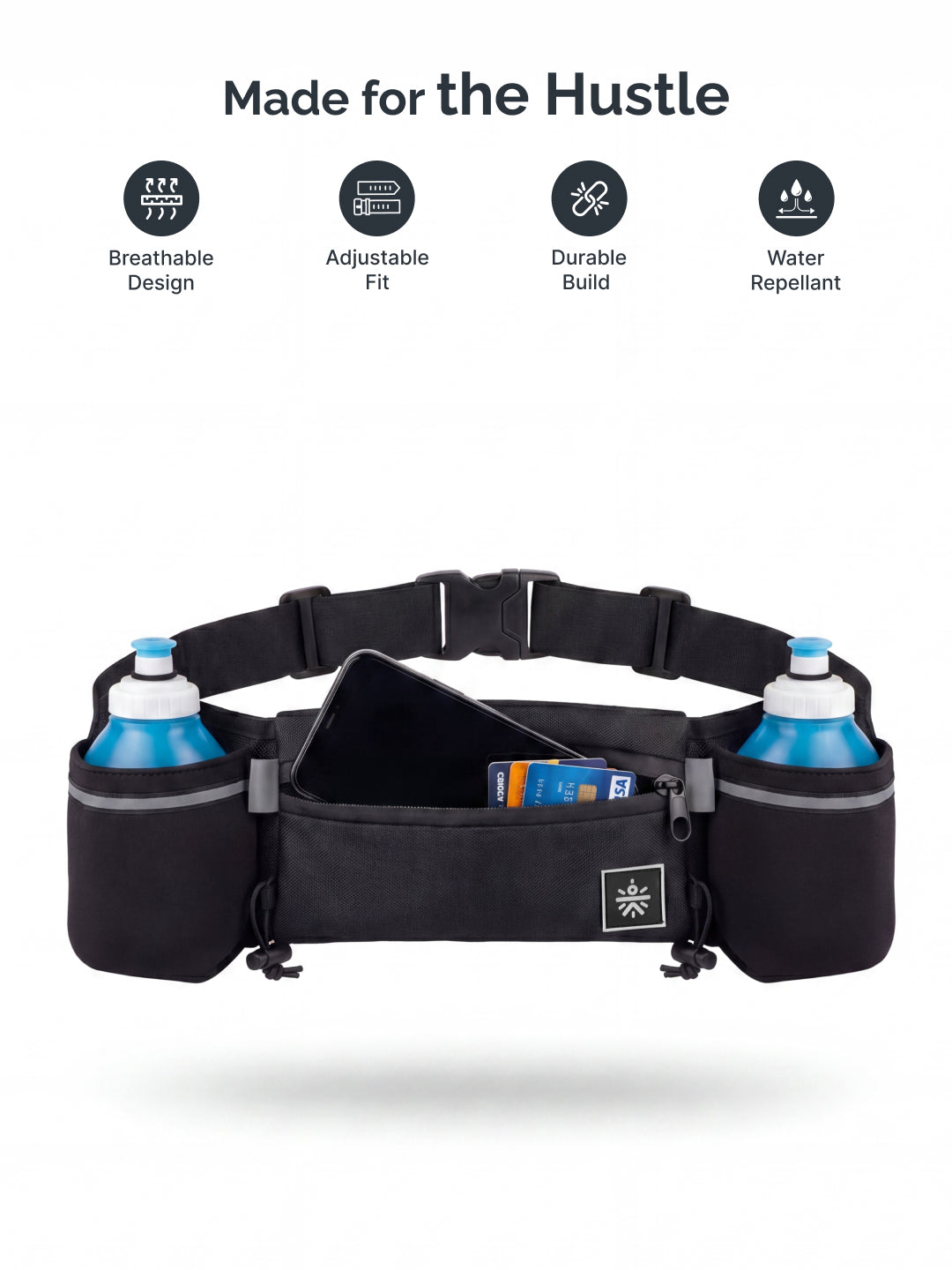 Cult Running Hydration Waist Bag with Dual 300 ml Water Bottle with Holders, Phone Pocket & Adjustable Belt