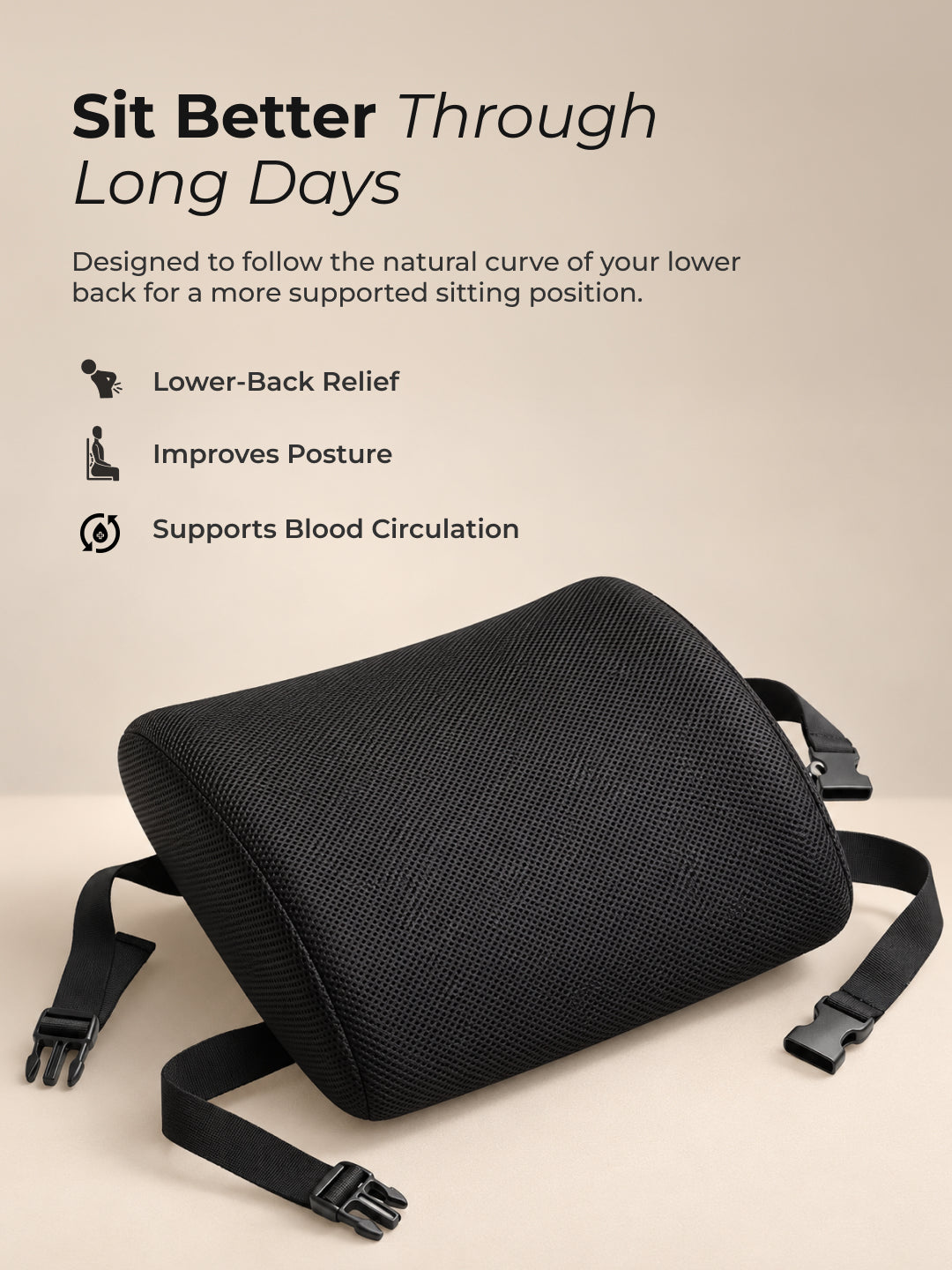 CULT Short Lumbar Support Pillow for Lower Back Support Cushion for Office Chair Car Seat and Home Seating Black