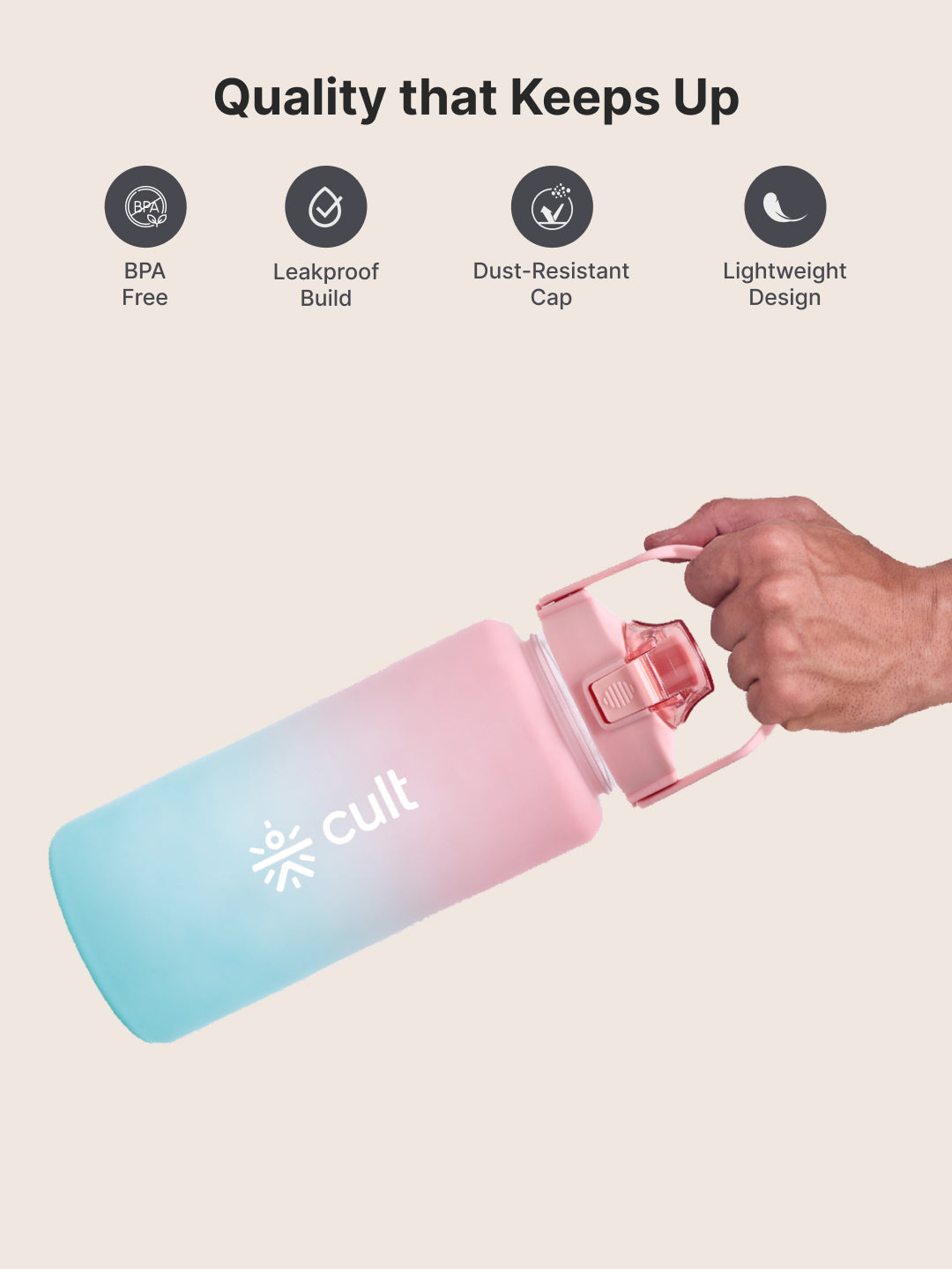 CULT Motivational Water Bottle 2L with Time Marker & Straw Large BPA-Free Gym Sipper Bottle, Portable Sports Water Bottle for Men & Women (Pink Blue)