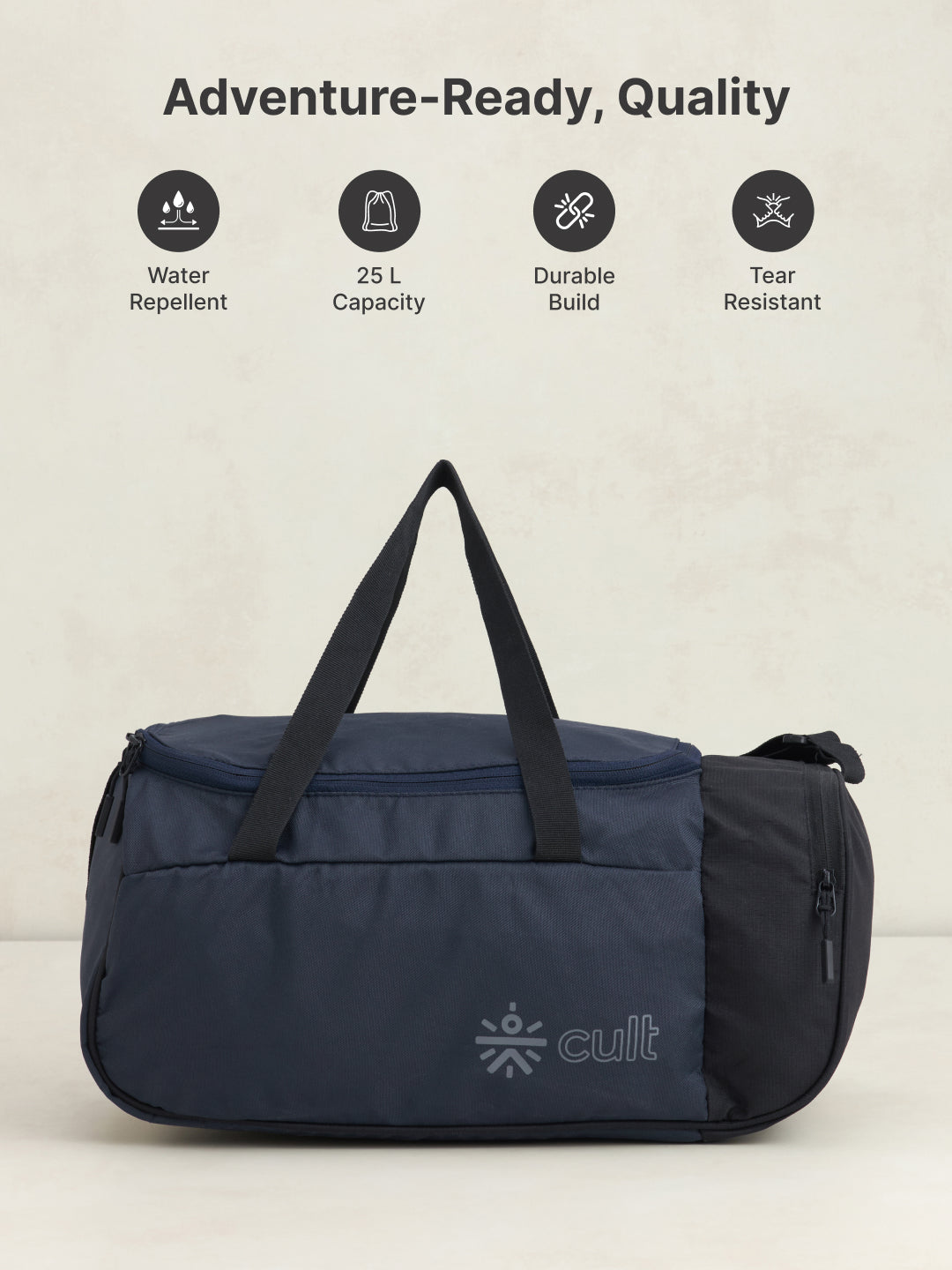cult 25 Litre Gym/Duffle Bag for Men & Women Duffle Bag with Side Pocket & Shoulder Strap Comfortable Handle Black Navy
