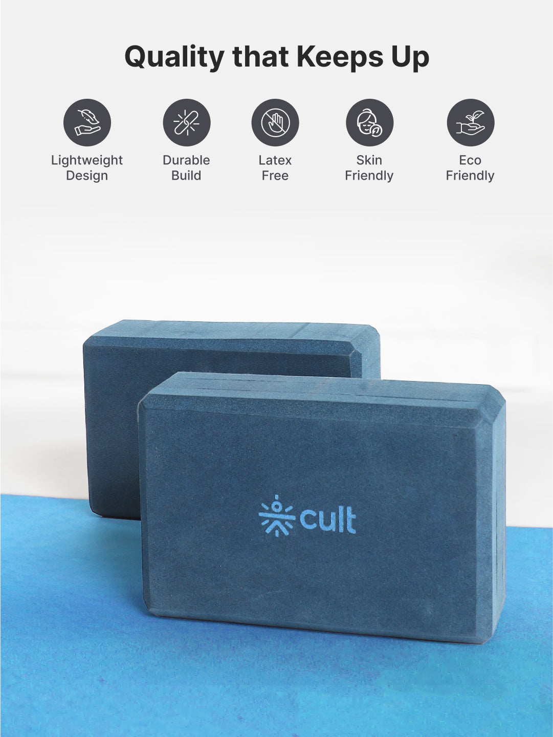 Pack of 2 EVA Yoga Blocks 80mm Blue Non-Toxic, Anti-Skid & Durable