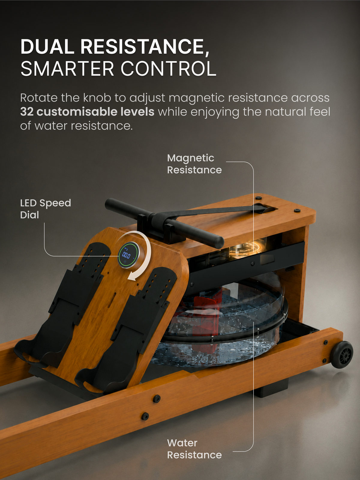 Cult Smart Water Rowing Machine for Home Gym | Dual Resistance | 32-Level Magnetic Resistance | Foldable Wooden Rowing Machine | 120 kg Capacity | Compact & Foldable Design