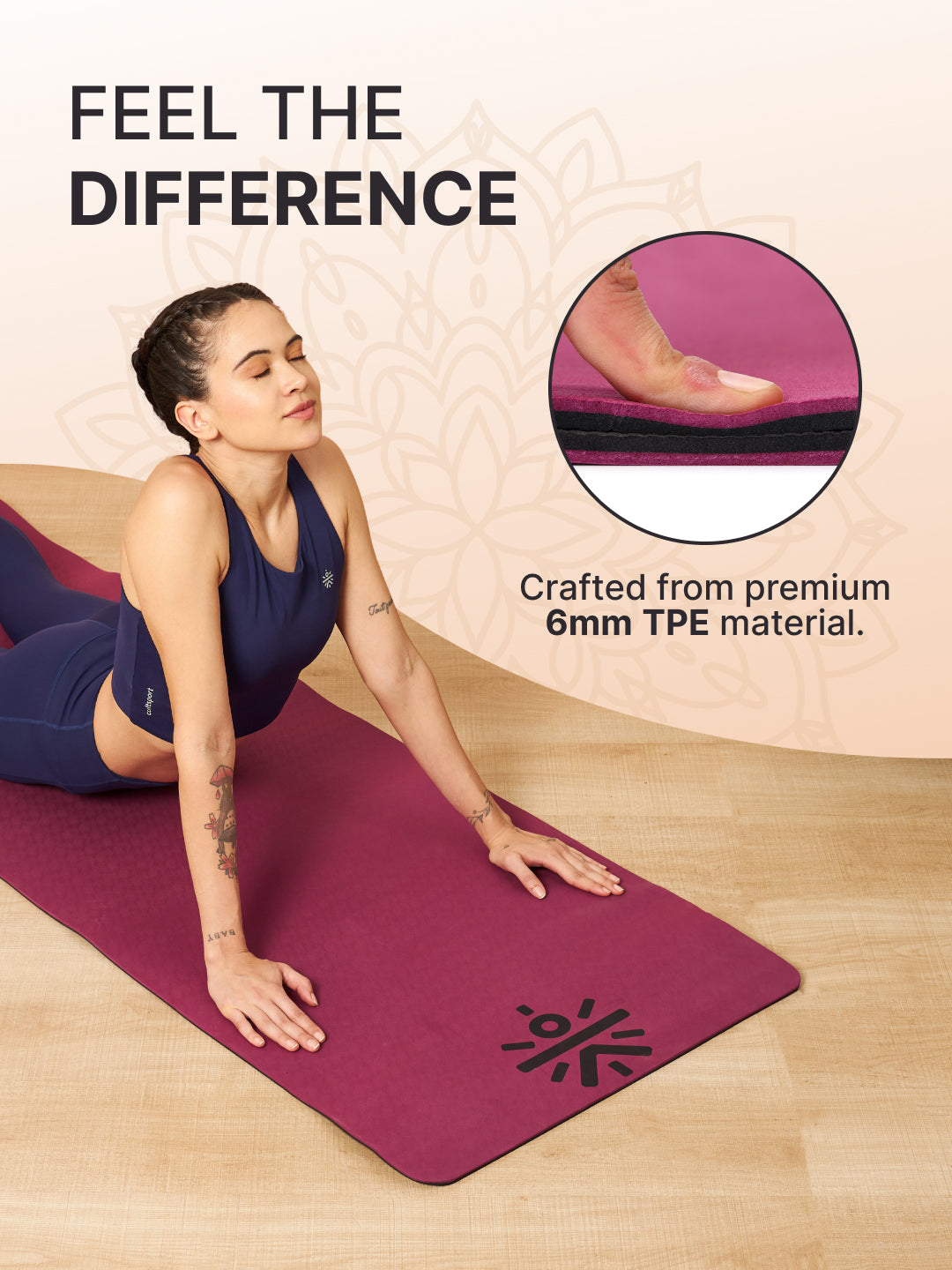 CULT TPE Yoga Mat 6mm with Carry Bag & Strap | Anti-Slip, Sweat Resistant, Lightweight & Durable Exercise Mat for Yoga, Pilates, Meditation & Home Workout Purple Wine/Black