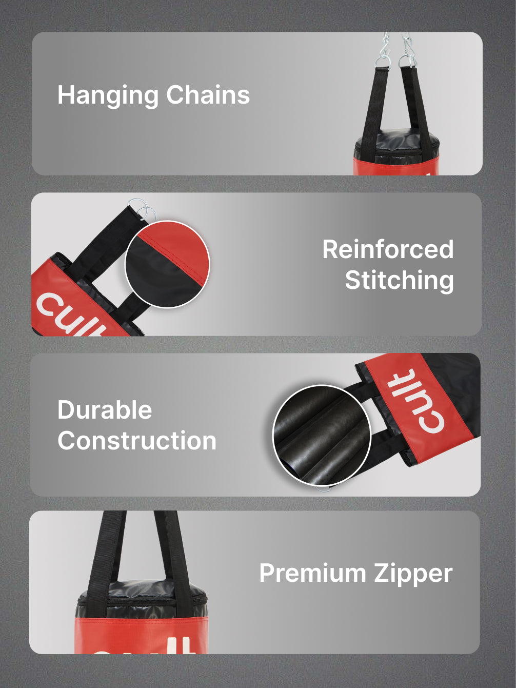 cult Punching Bag Black & Red 3ft Heavy Duty Punching Bag for Boxing, Kickboxing, MMA Training Reinforced Stitching Durable PU Leather Unfilled Easy to Install For Home & Gym Use