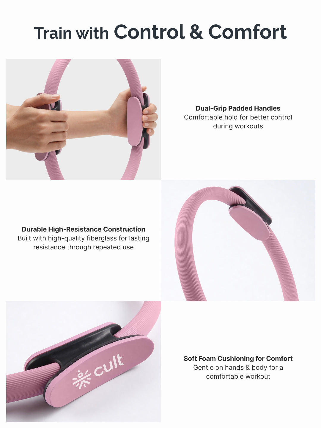 cult Pilates Ring – Durable Fiberglass Magic Circle with Dual-Grip Handles for Full Body Workout, Strength, Flexibility & Toning Pink
