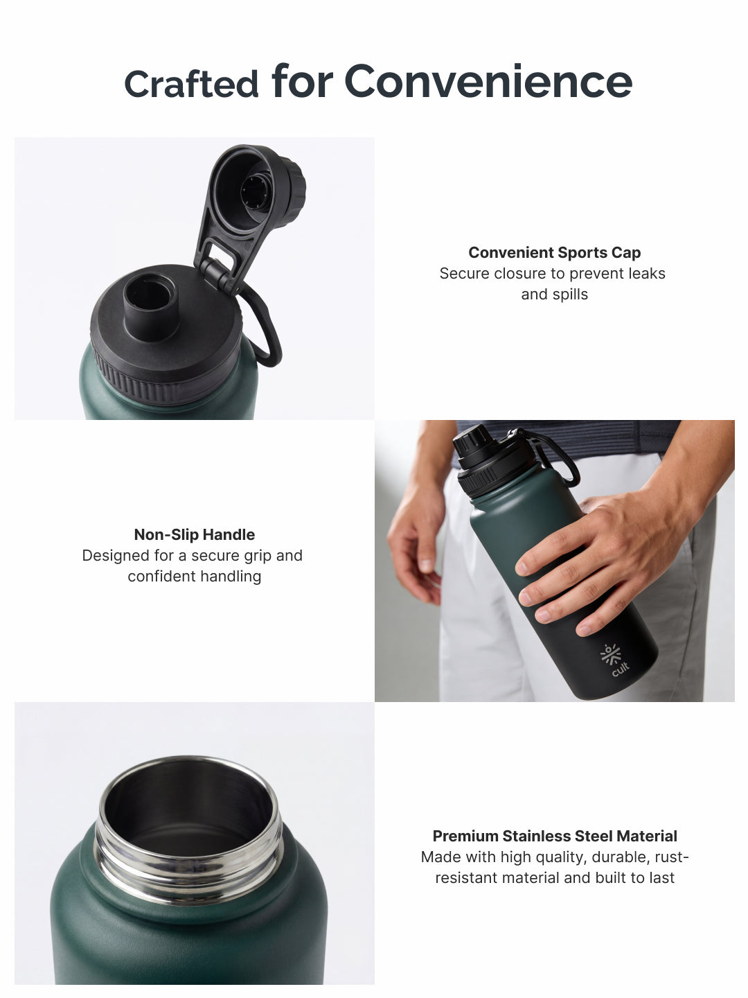Cult 1L Insulated 24Hr Hot and Cold Water Bottle Leakproof Sports Cap Stainless Steel Green