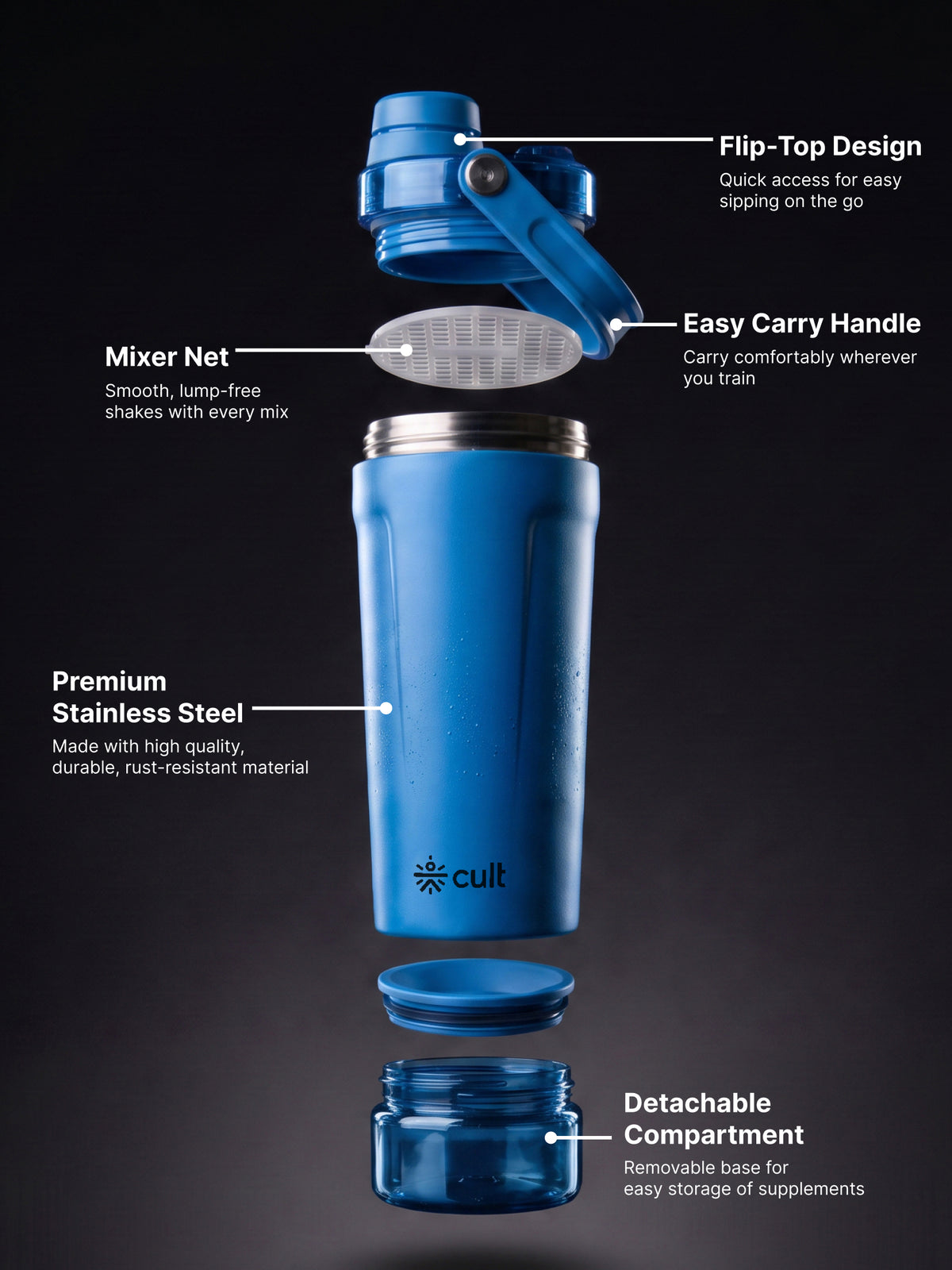 CULT Stainless Steel Gym Shaker 600ml | Leakproof Protein Mixer Bottle with Storage Container & Secure Lock Lid for Fitness & Travel (Royal Blue)