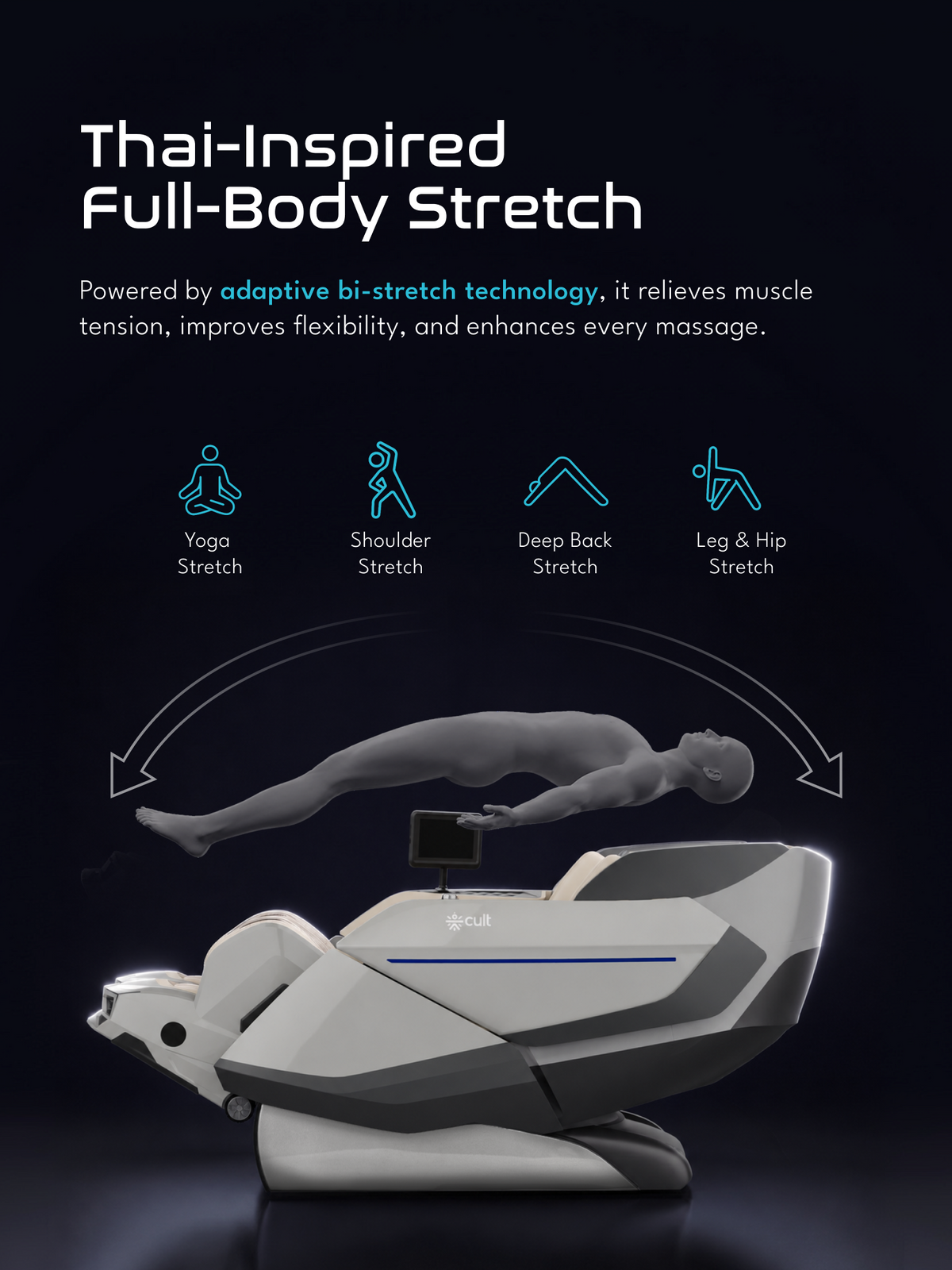 Cult Tranquil Massage Chair | Adaptive AI Body Detection | Zero Gravity Recline & Thai Stretch | Movable Armrest with Rovo Walking Technology | HD Touch Display | 3D + 4D Full Body Massage Chair