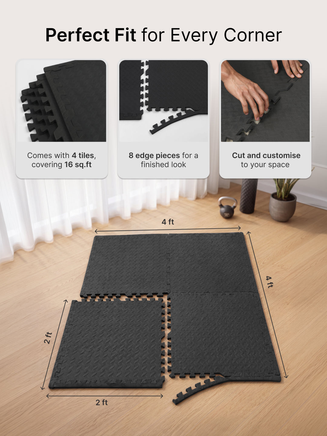 cult Interlocking Workout Mat Tiles Shock-Absorbing, Anti-Slip, Protective Gym Flooring for Home & Fitness Equipment Cushioned, Water-Resistant, Easy to Assemble Black