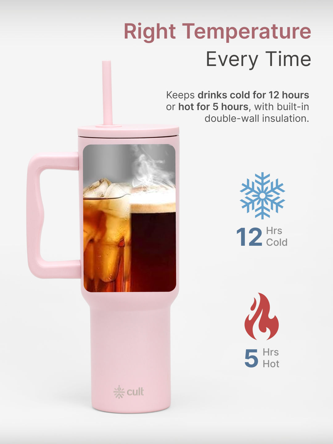 cult Steel Tumbler Double Vaccum Insulated for Hot and Cold 1200 ml Unisex Pink with Straw