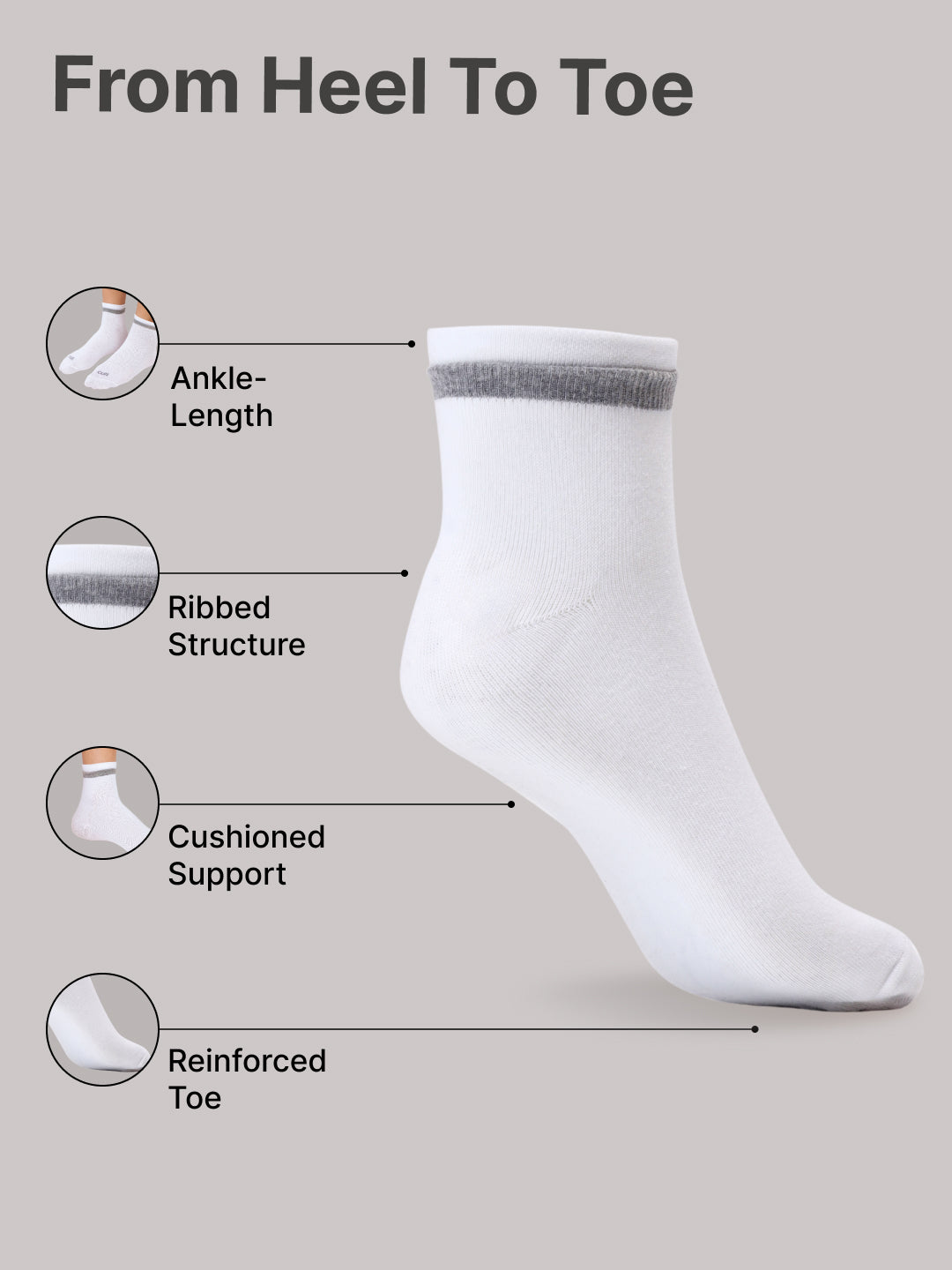 Casual Ankle Length Pack of 3 White Men's Cotton Socks