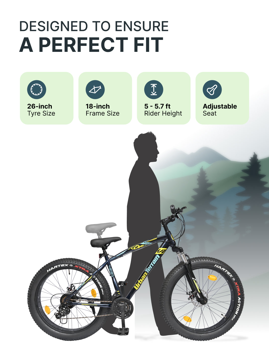 Rogue Mountain Bike Steel 21 Speed Cycle 26 inch Fat Tyre, Blue With Front Suspension, Single Wall Rim and Dual Disc Brakes, Ideal For 5 ft to 5.7 ft