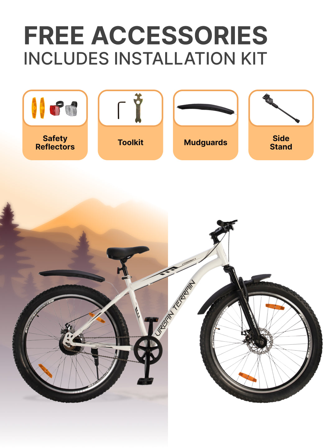 UT5000S27.5 Mountain Cycle Steel Single Speed Cycle 27.5 inch, Dual Disc Brakes, Front Suspension, Double Wall Alloy Rim, White