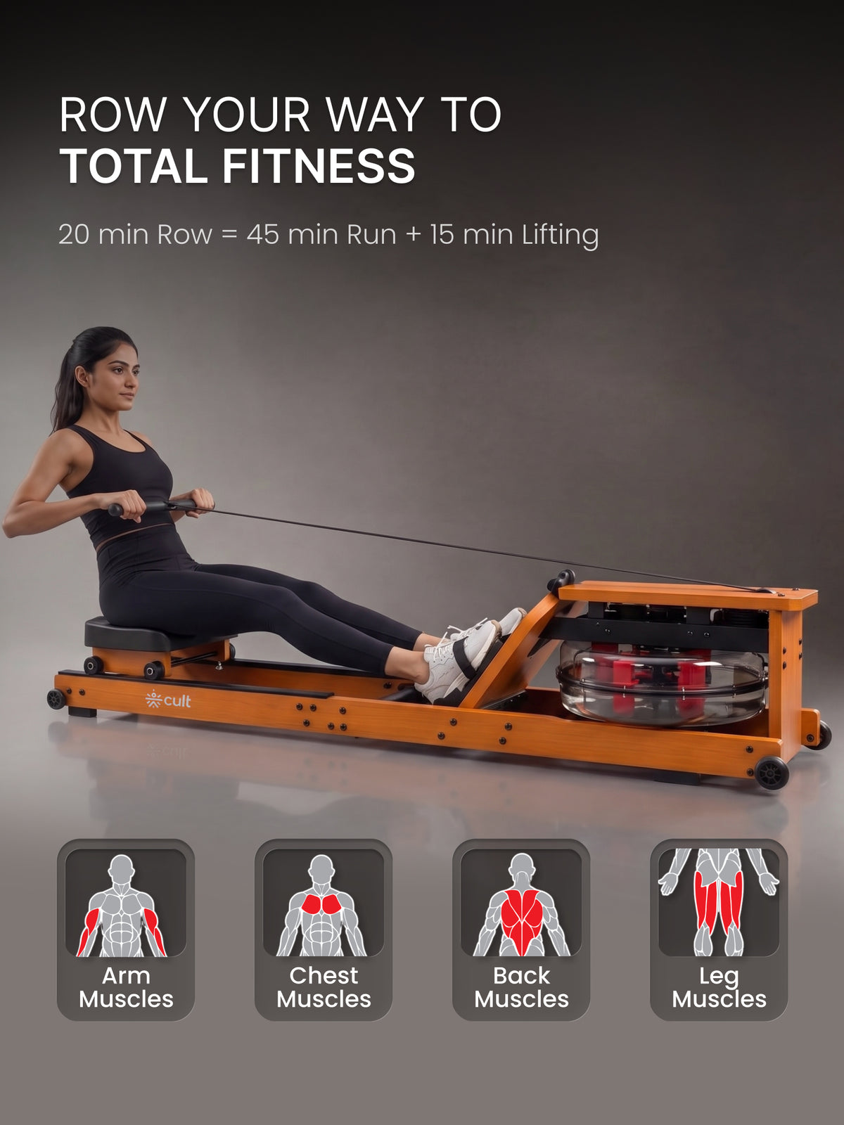 Cult Smart Water Rowing Machine for Home Gym | Dual Resistance | 32-Level Magnetic Resistance | Foldable Wooden Rowing Machine | 120 kg Capacity | Compact & Foldable Design