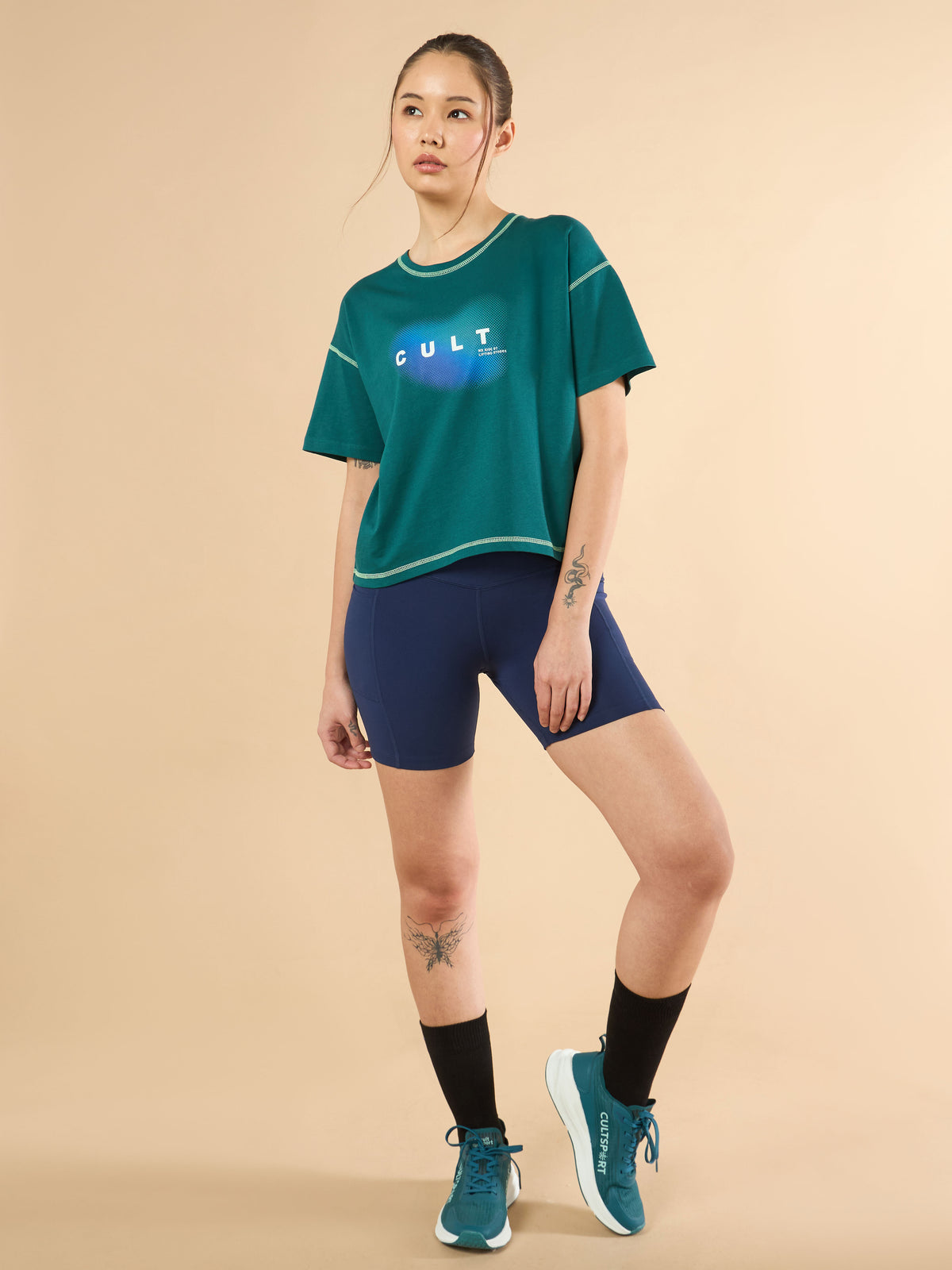 Women's Teal Cult Spirit Graphic Boxy crop T-shirt