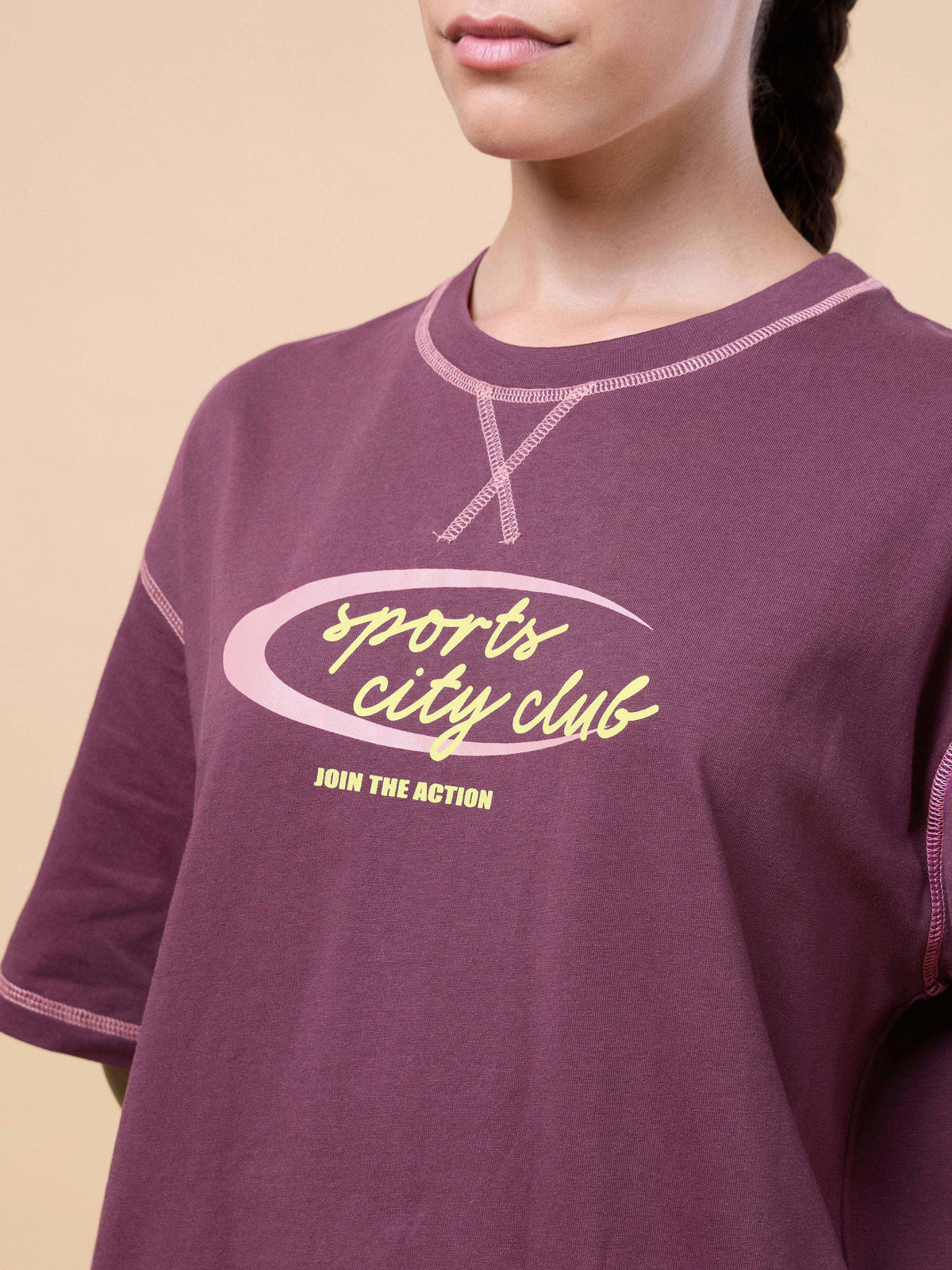 Women's Maroon Sports City Club Oversized T-shirt