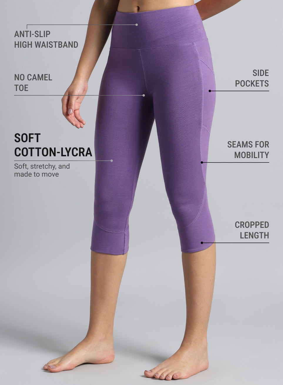 Women's Purple Yoga Flow Cotton Cropped Tights