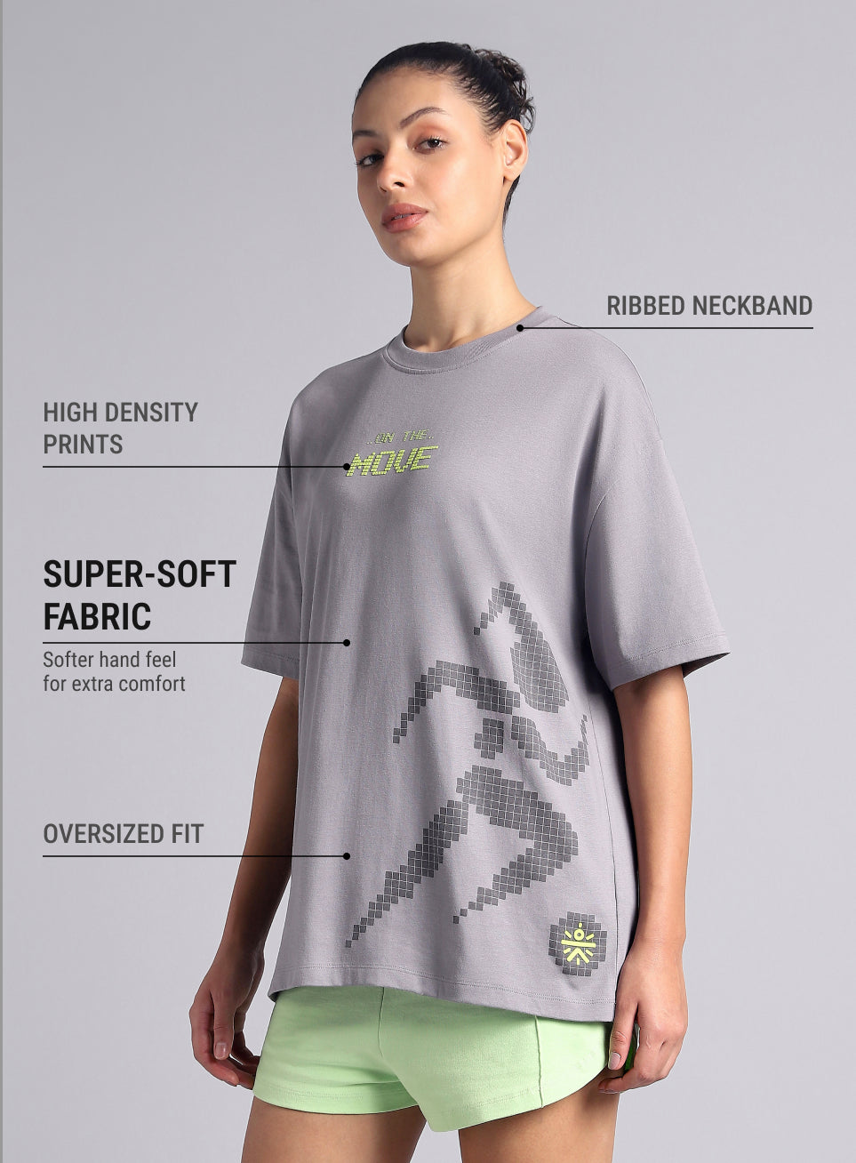 Women's Grey On The Move Graphic Oversized Fit T-shirt