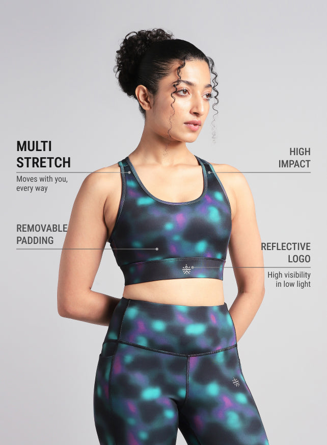 Women's Black Racer Back AOP High Support Running Bra