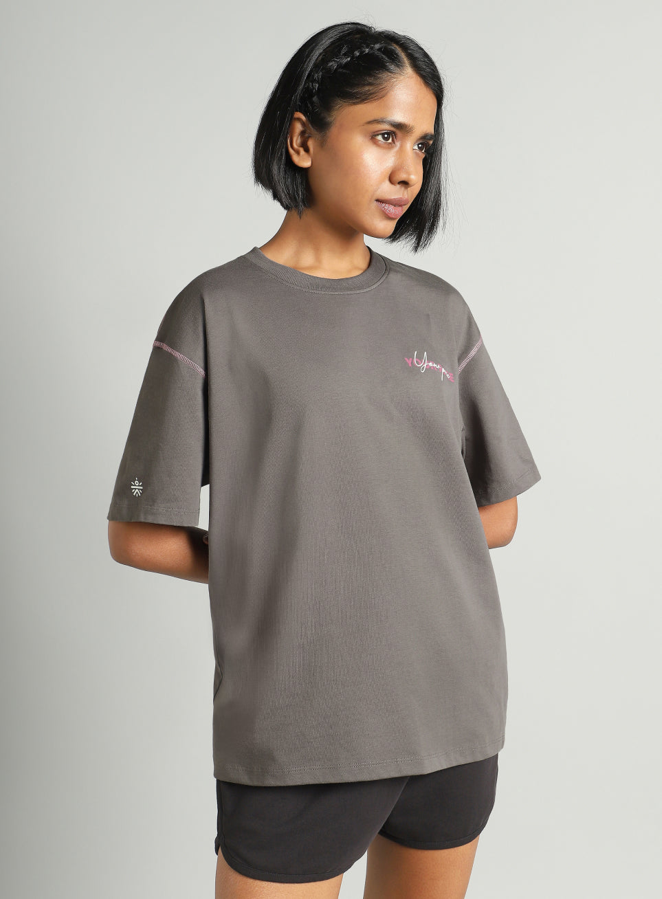 Women's Dark Grey Mini Graphic Oversized Fit T-shirt