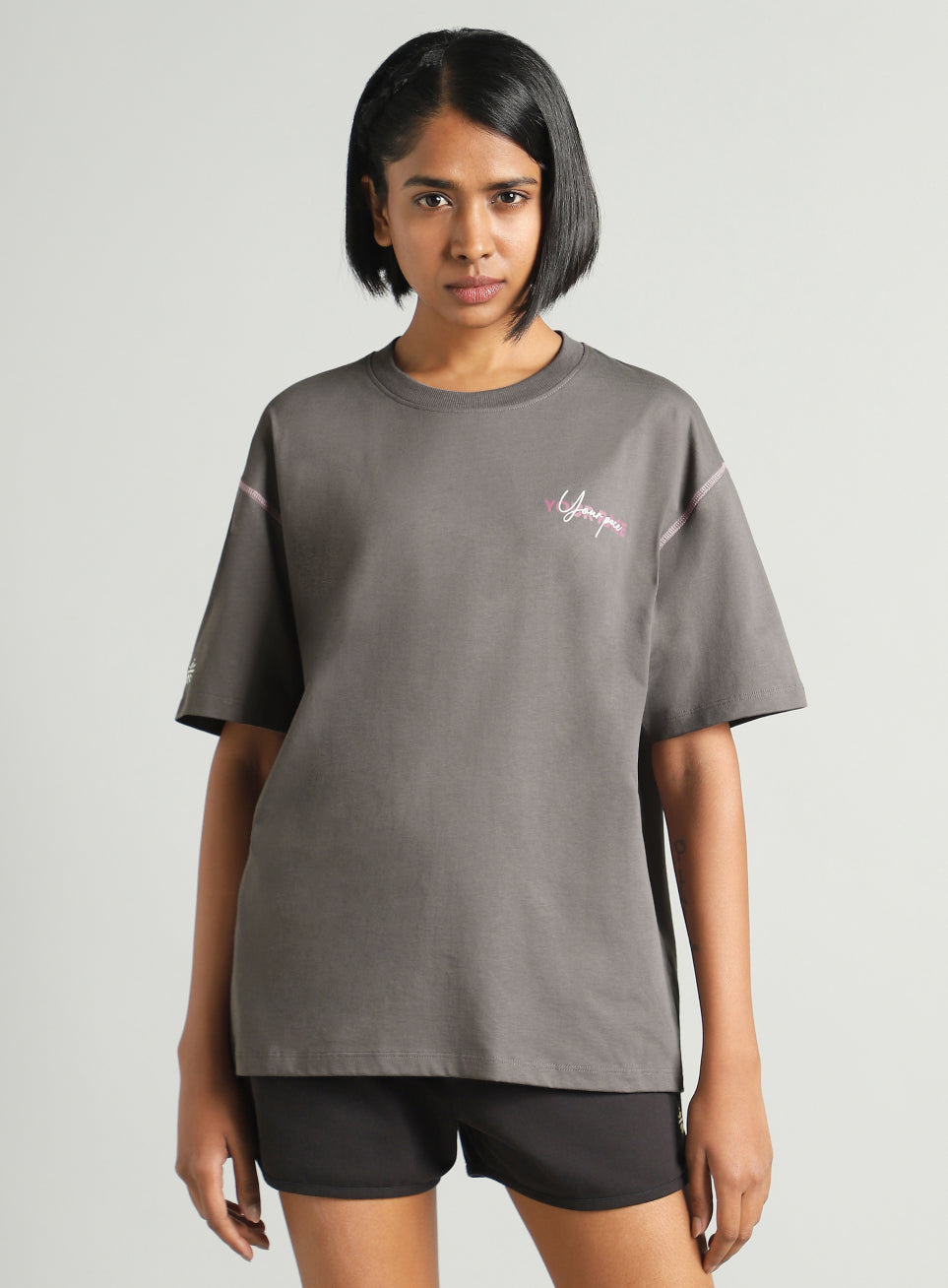 Women's Dark Grey Mini Graphic Oversized Fit T-shirt
