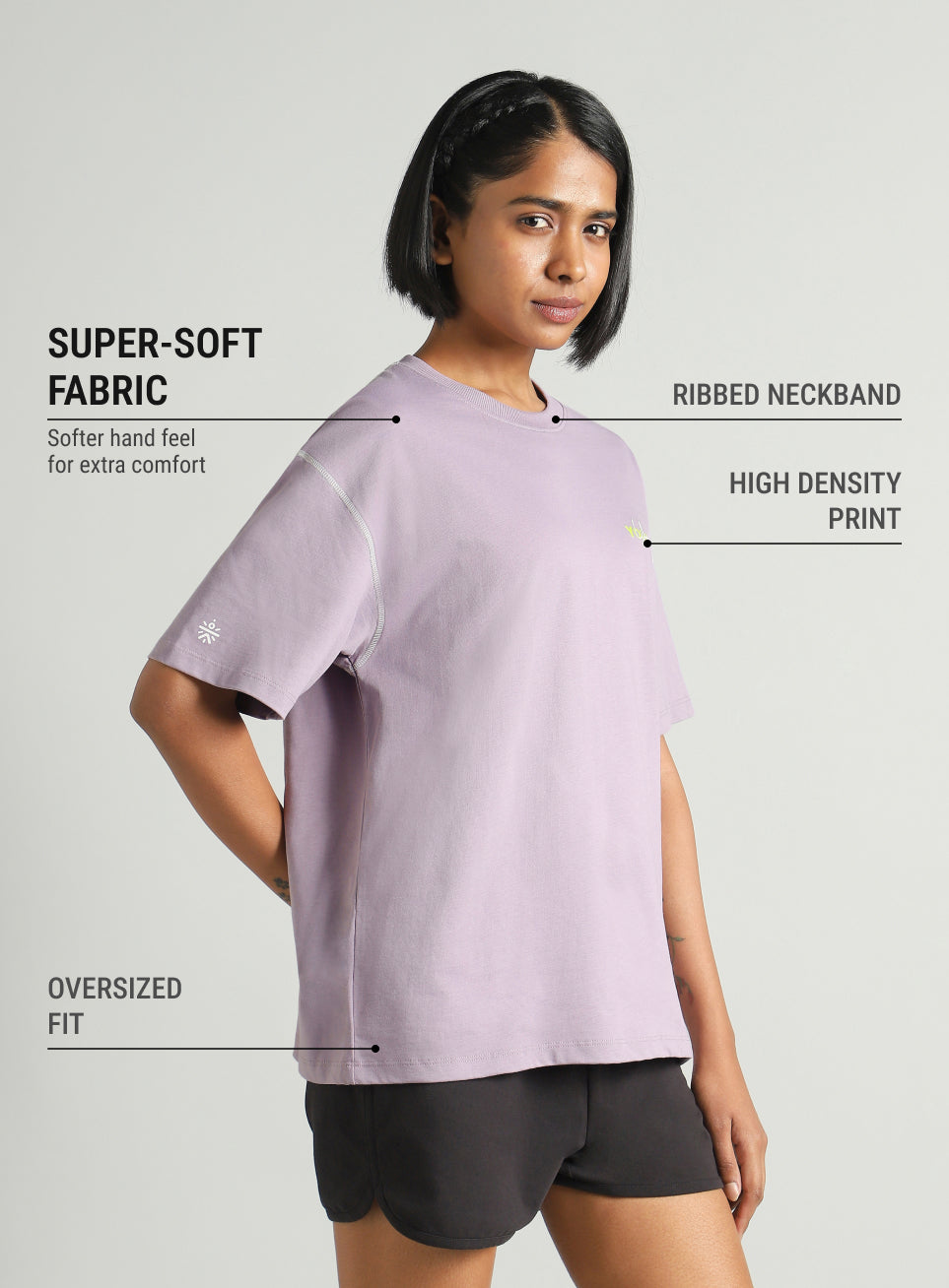 Women's Purple Mini Graphic Oversized Fit T-shirt