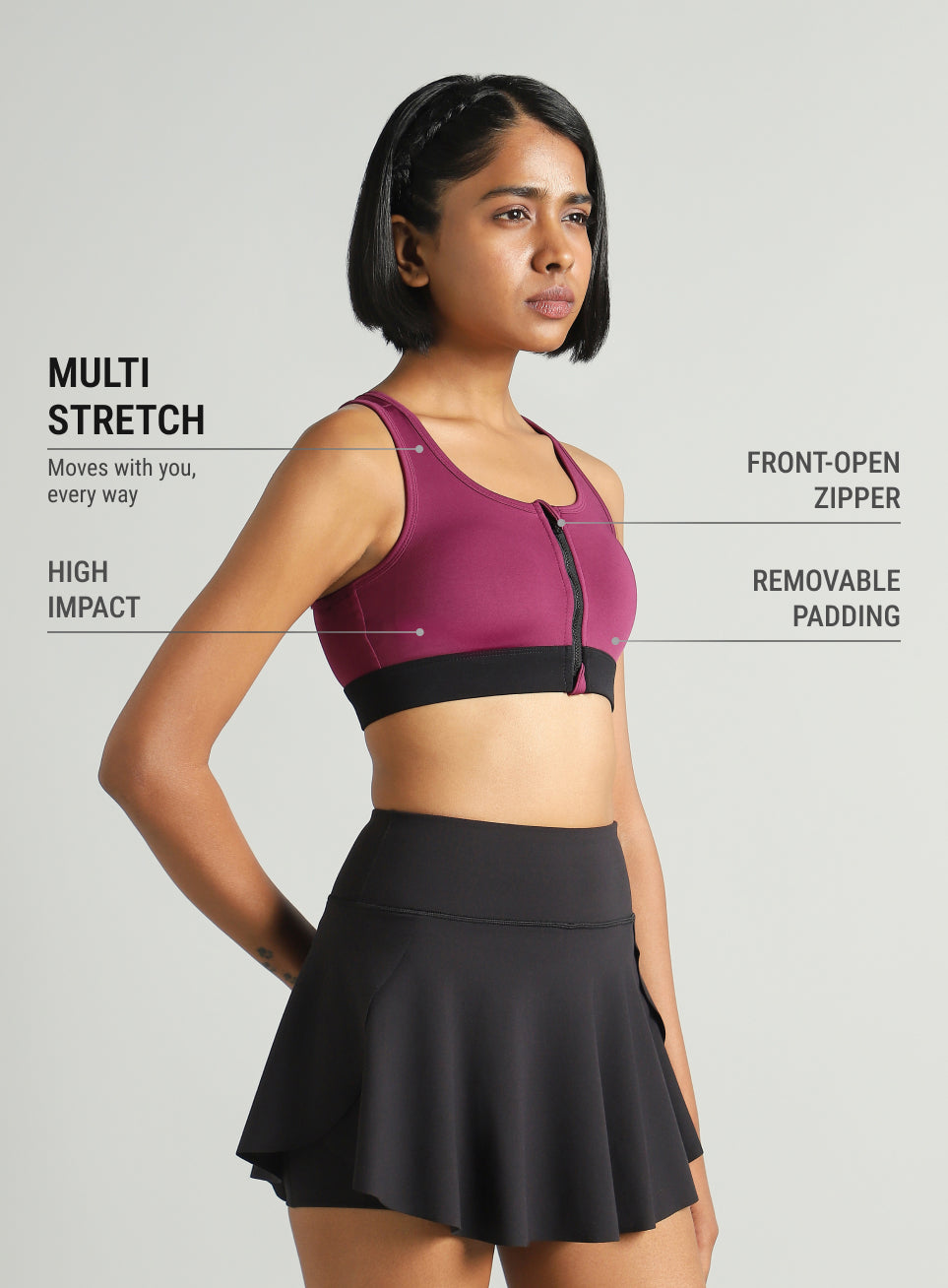 Women's Maroon Front Zip High Support Training Bra