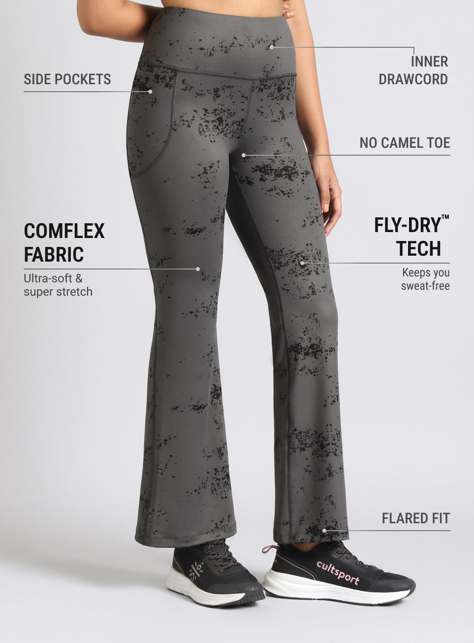 Women's Grey Training Printed COMFlex Flarepants