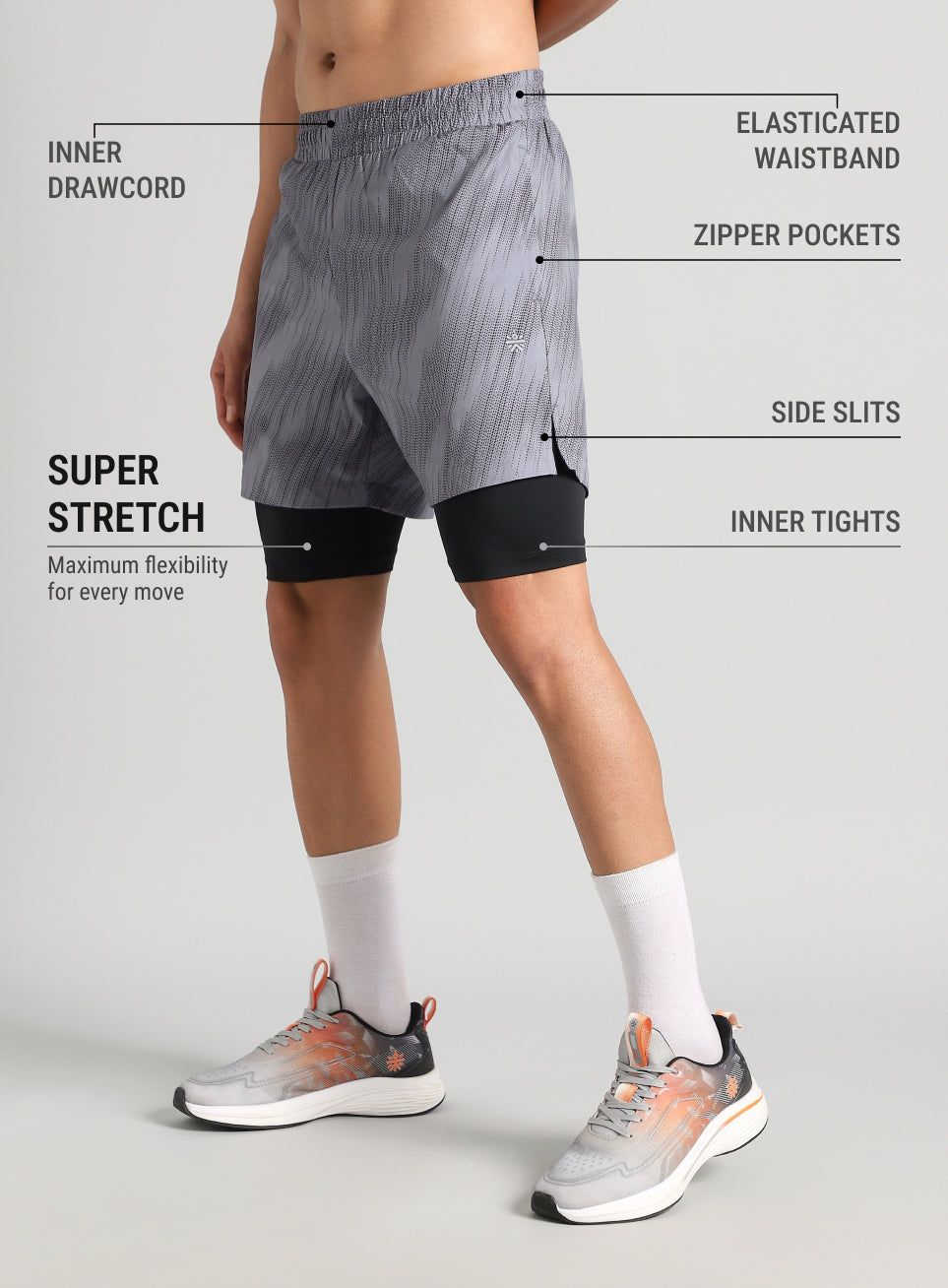 Men's Grey Urban Camo Inbuilt Tights Training Shorts