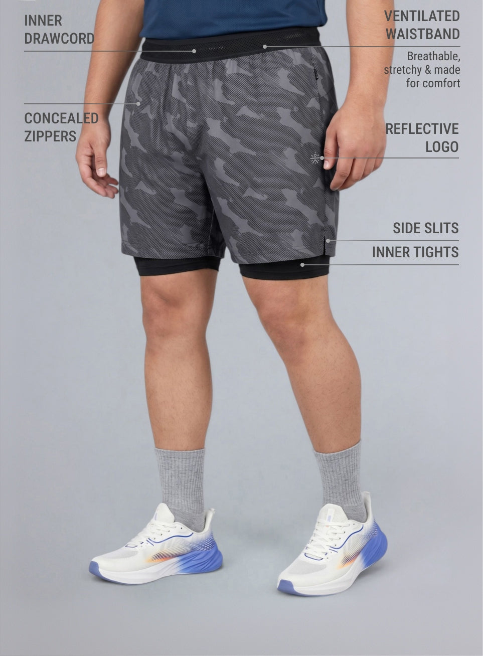 Men's Grey Urban Camo Plus Size Shorts with In-Buit Tights