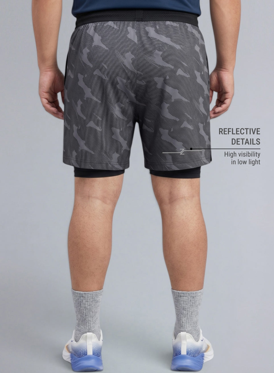 Men's Grey Urban Camo Plus Size Shorts with In-Buit Tights