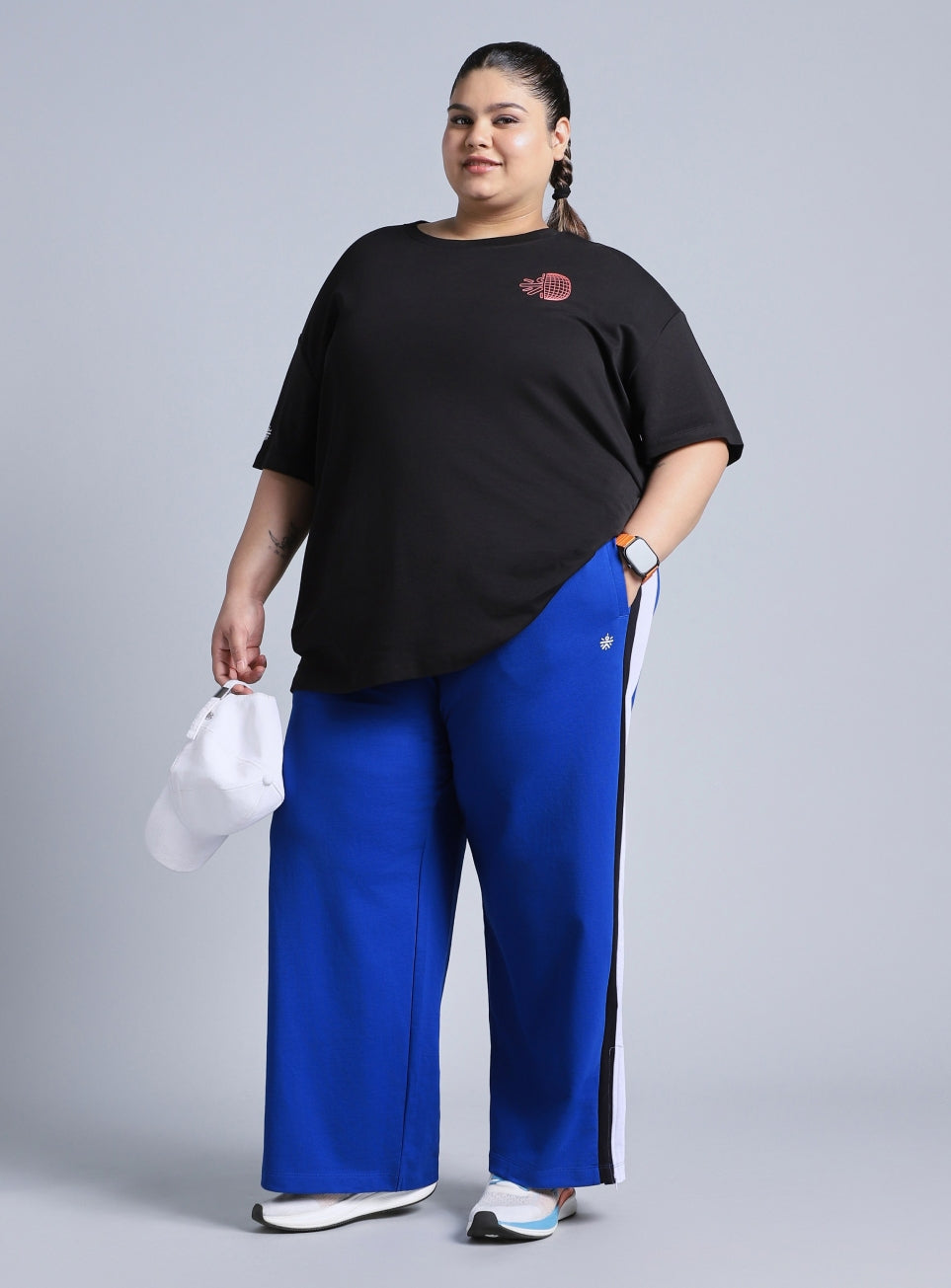 Women's Blue High Slit Straight Fit Plus Size Trackpants