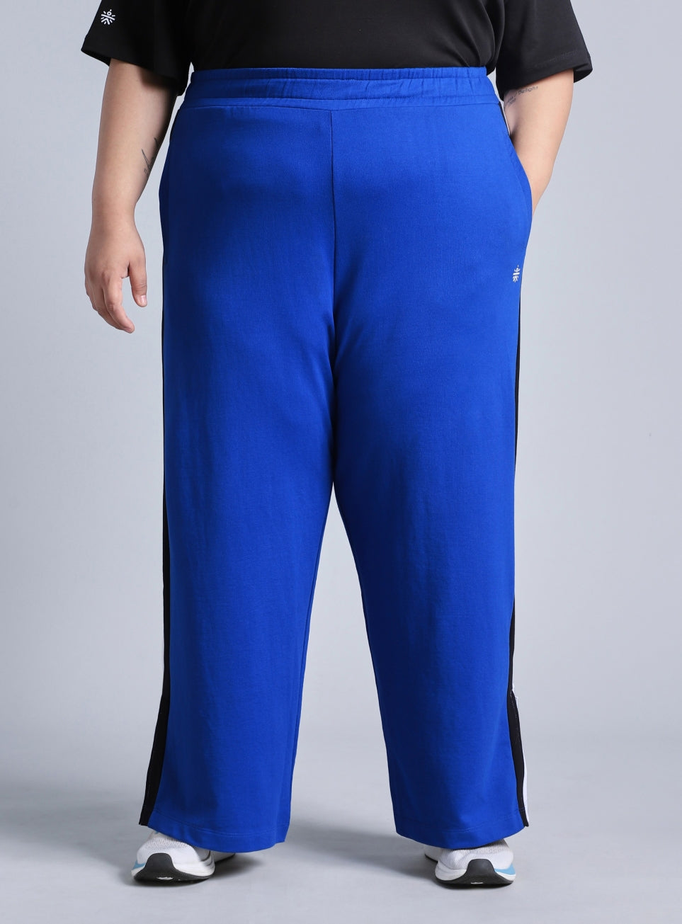 Women's Blue High Slit Straight Fit Plus Size Trackpants