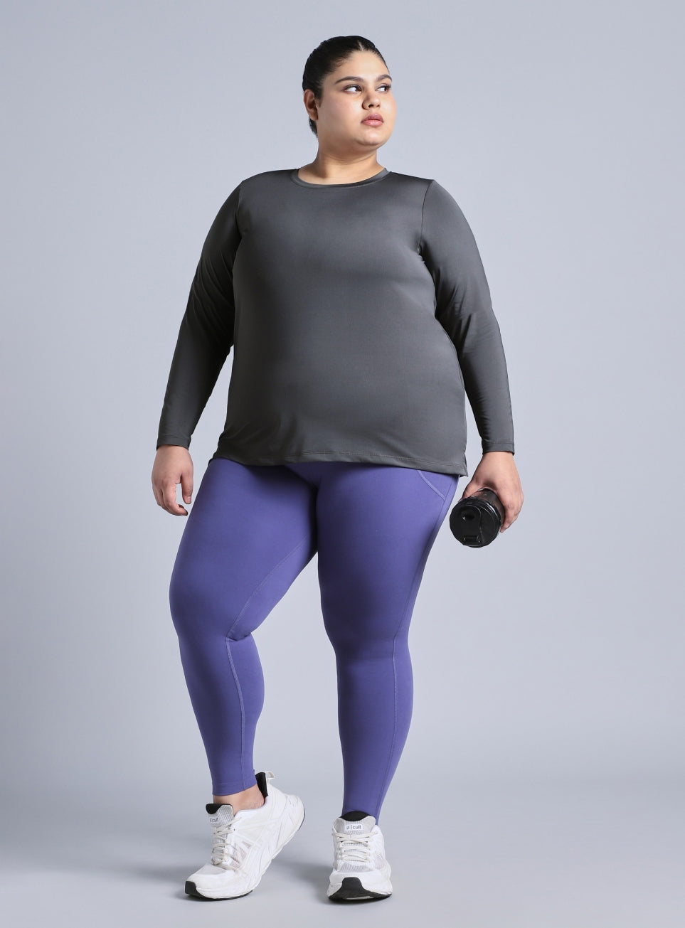 Women's Grey Full Sleeve Plus Size Training T-shirt