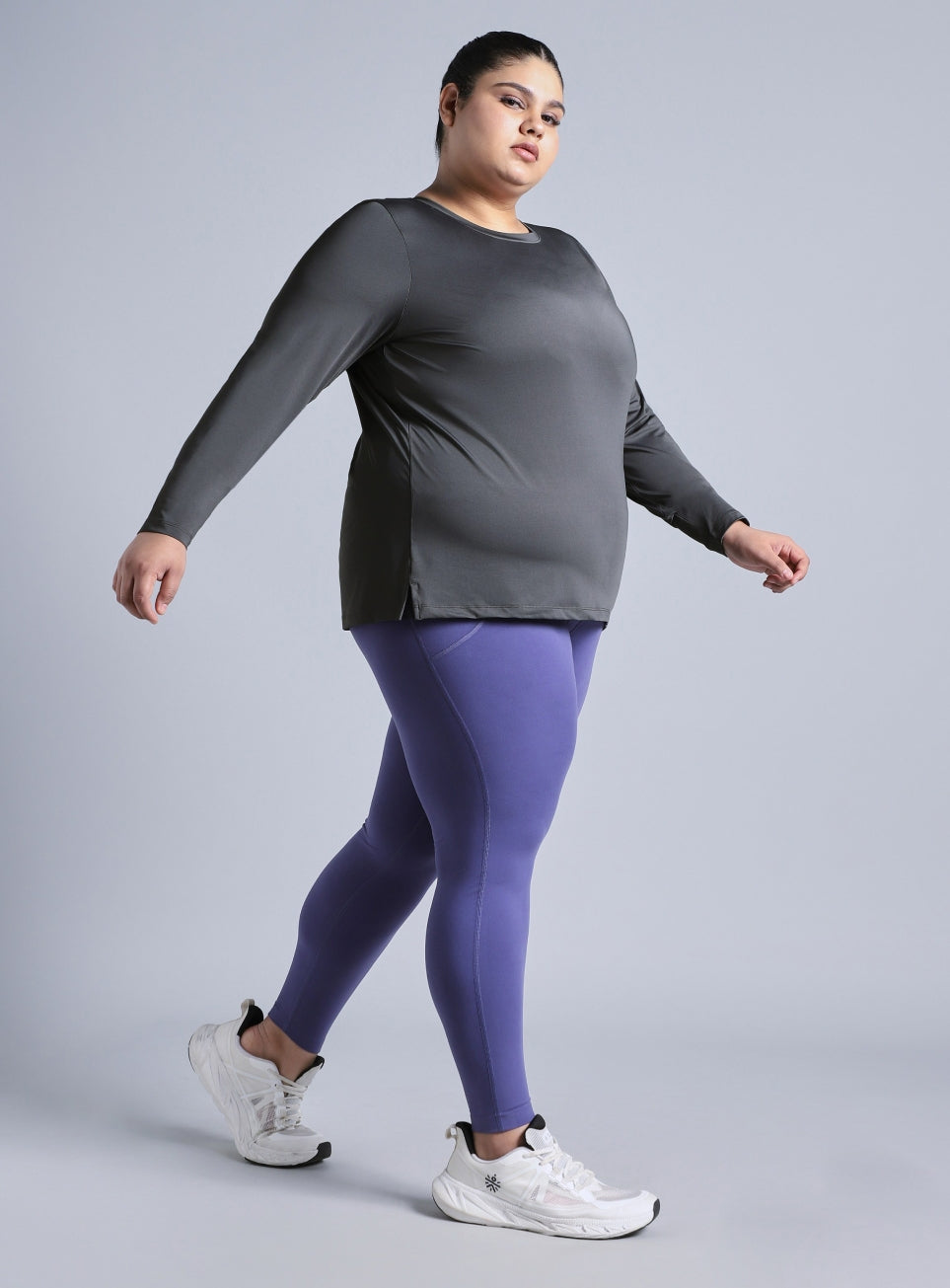 Women's Grey Full Sleeve Plus Size Training T-shirt