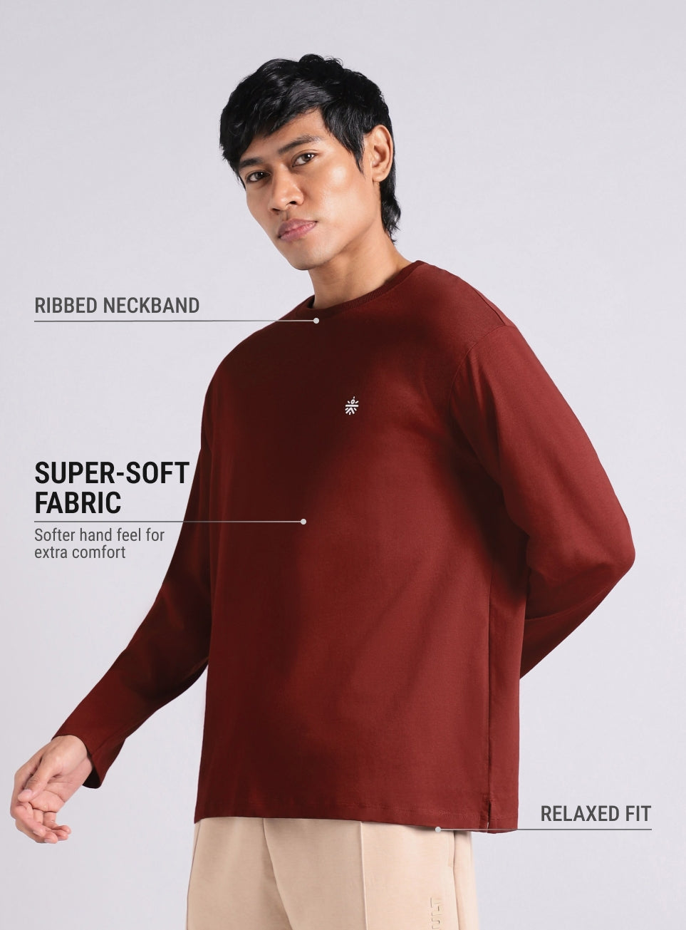Men's Maroon V-man Relaxed Fit Full Sleeve T-shirt